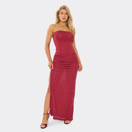 Bandeau Top And Ruched Split Side Maxi Skirt Co-Ord Set In Sheer Red Glitter Mesh, Women's Size US