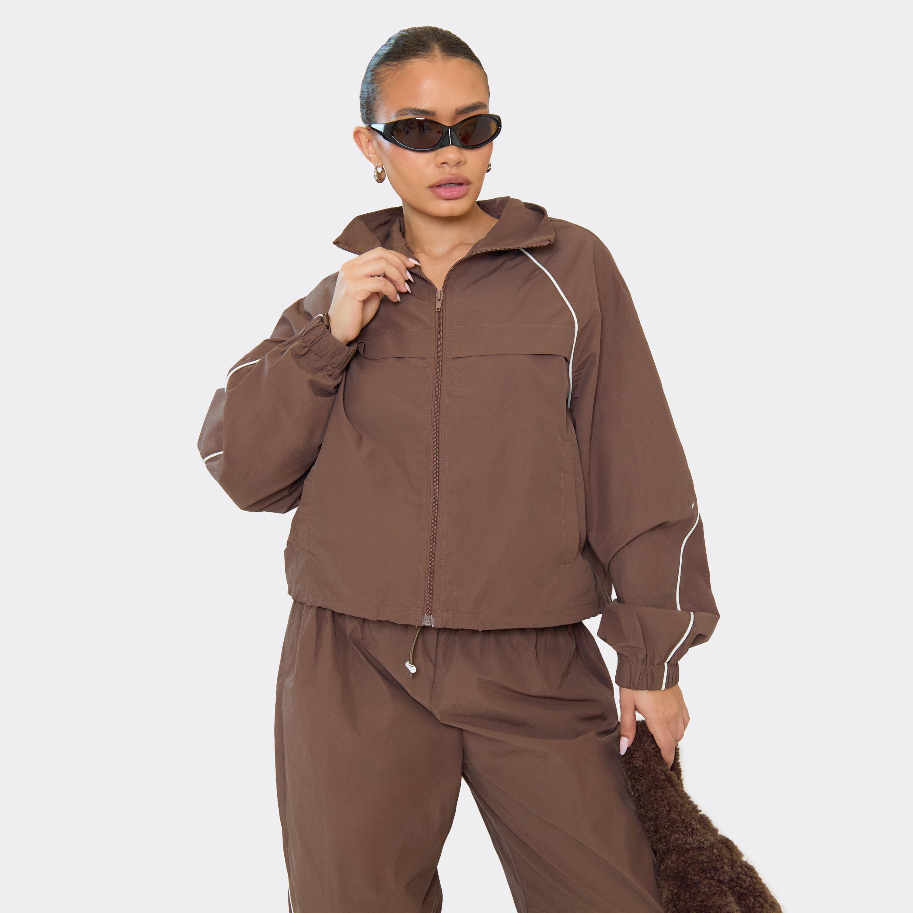 Long Sleeve Oversized Contrast Toggle Detail Jacket In Chocolate Brown Shell, Women's Size UK 6