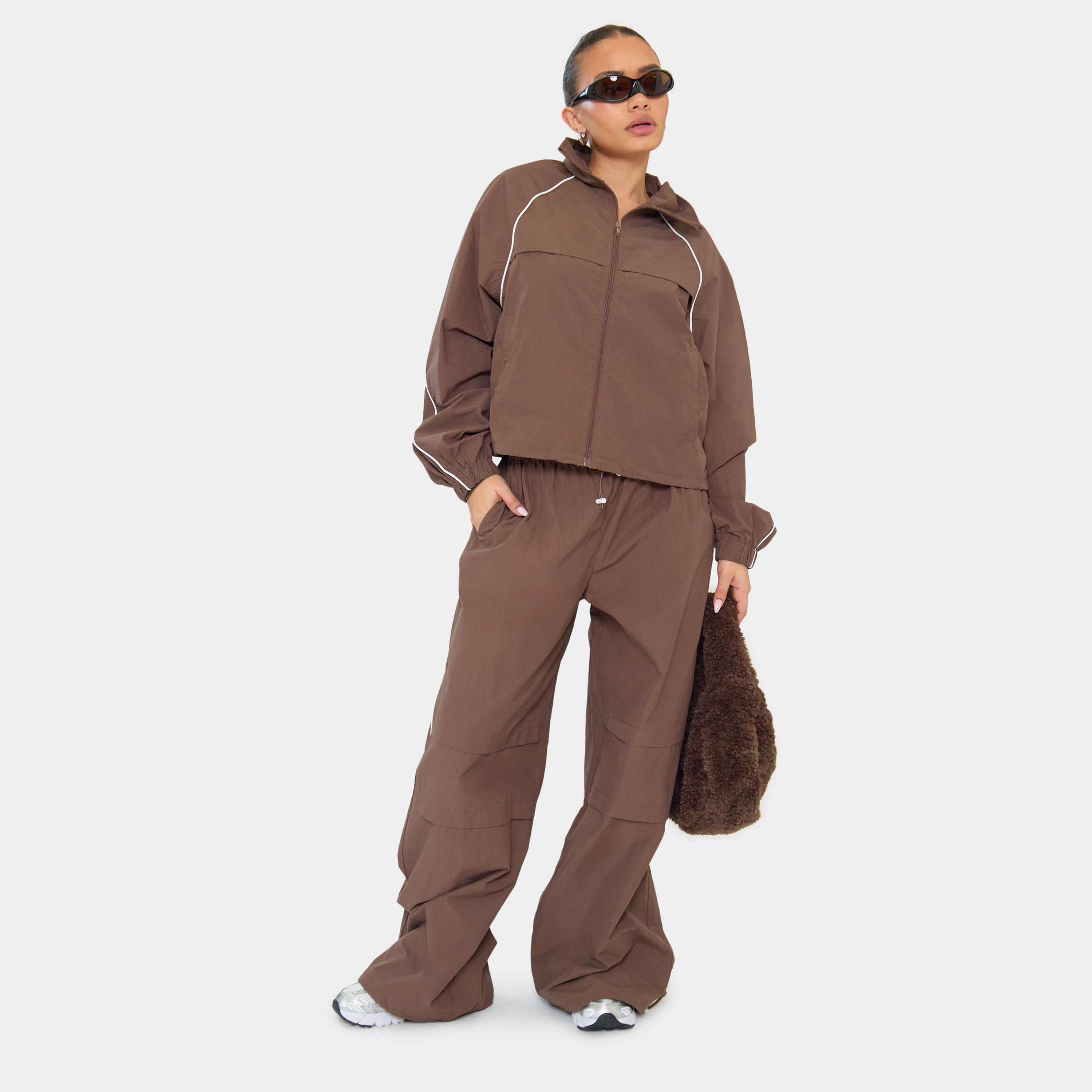 Low Rise Toggle Detail Wide Leg Track Pants In Chocolate Brown Shell, Women's Size UK 10