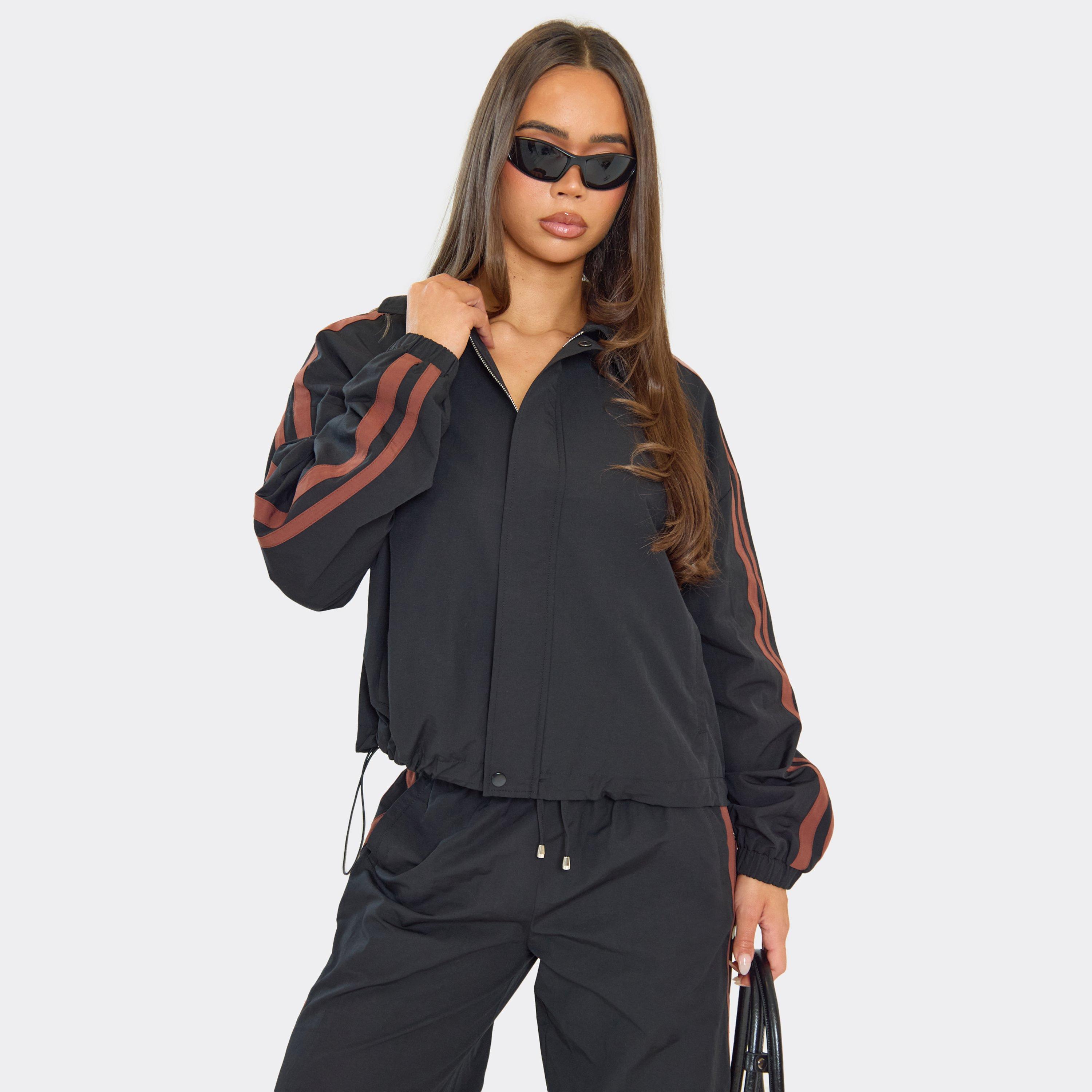Long Sleeve Contrast Stripe Toggle Hem Detail Collared Jacket In Black Shell, Women's Size UK 8
