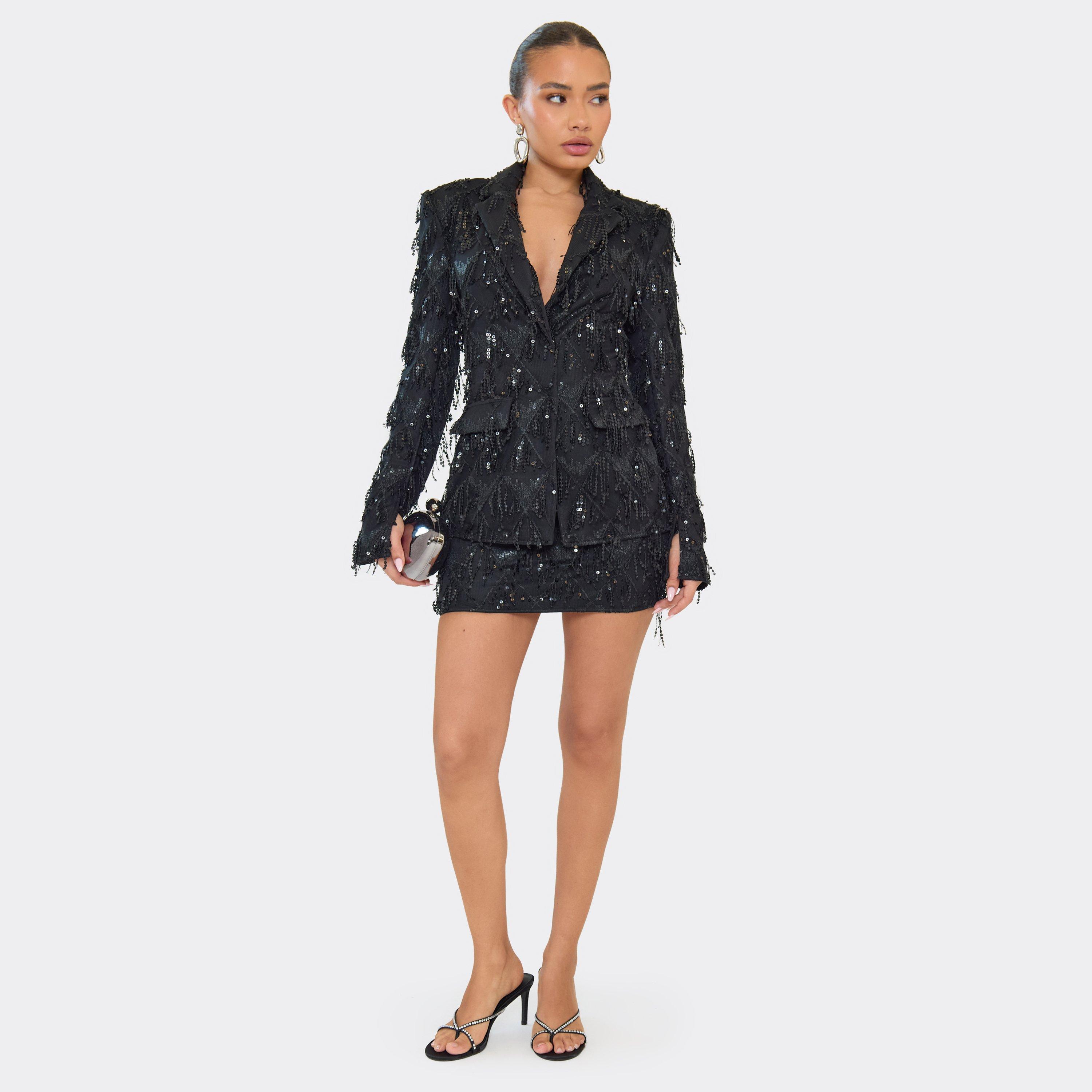 Mid Waist Tassel Sequin Detail Mini Skirt In Black, Women’s