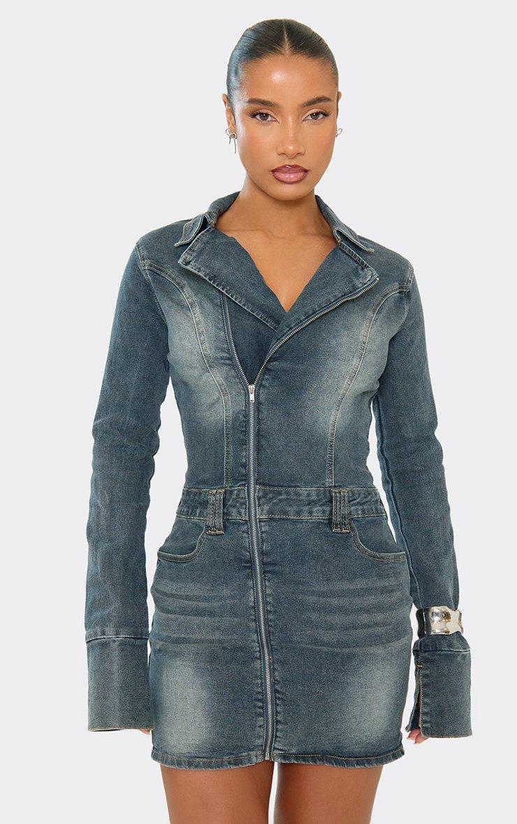 long sleeved denim dress Slit Split Hem Collar, Deandra Stretch Maxi in Dark Denim, Size S, This long Denim Maxi Dress: Choosing Long