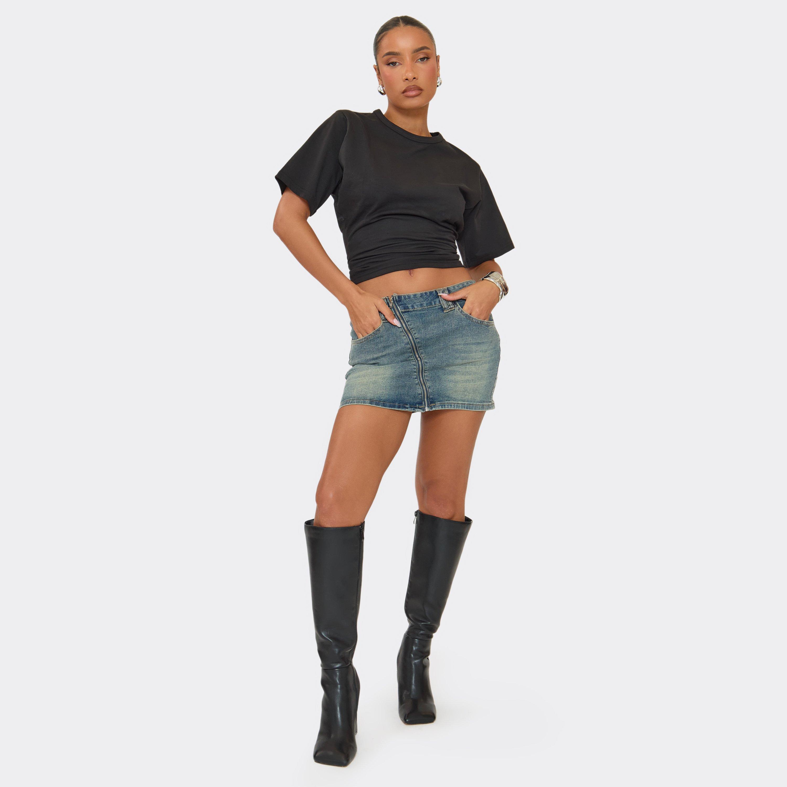 Mid Rise Zip Detail Mini Skirt In Washed Blue Denim, Women’s