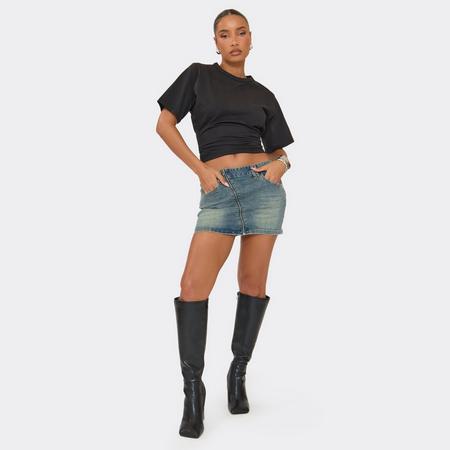 Mid Rise Zip Detail Mini Skirt In Washed Blue Denim, Women's Size US
