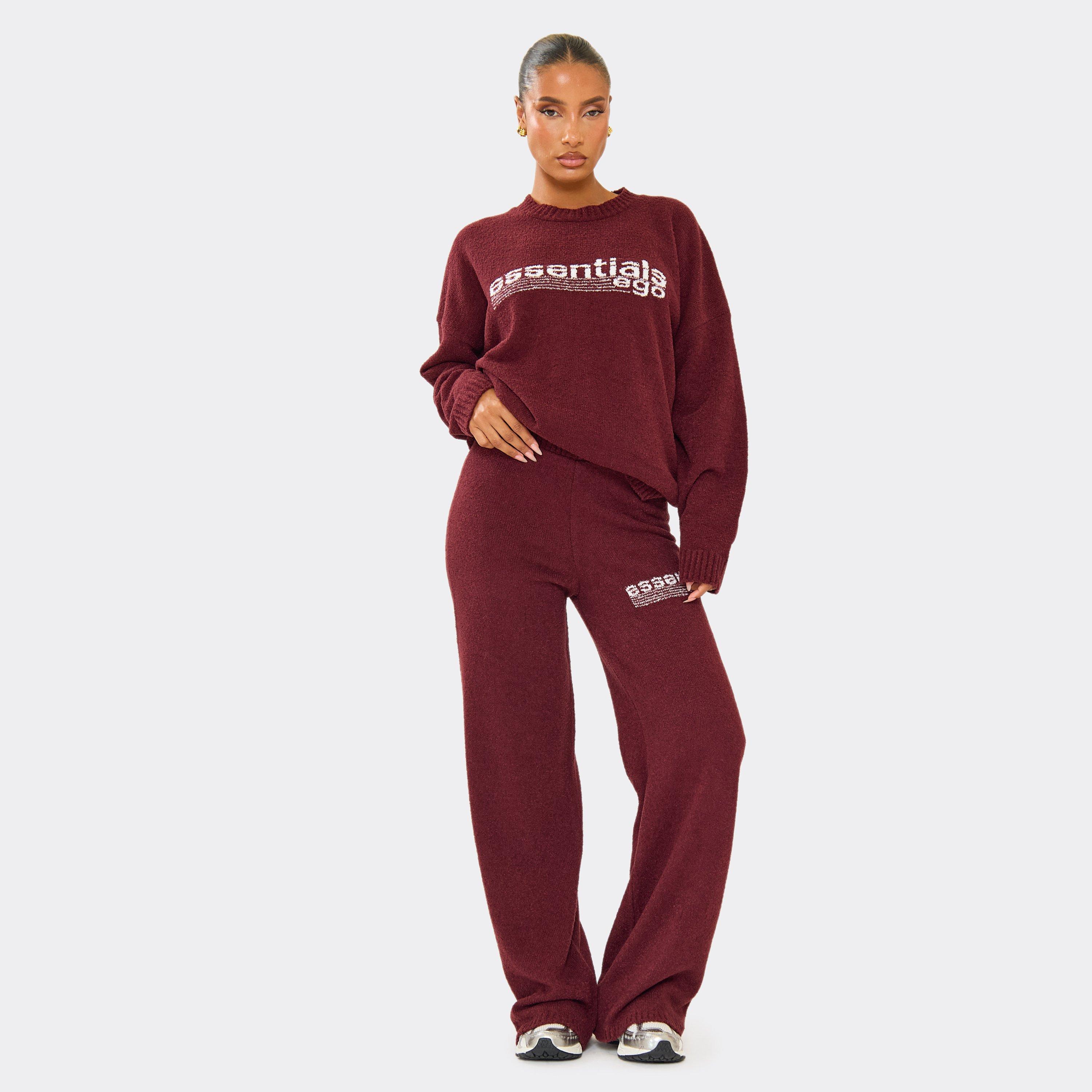 Mid Rise Ego Essentials Wide Leg Trousers In Burgundy Knit, Women's Size UK S