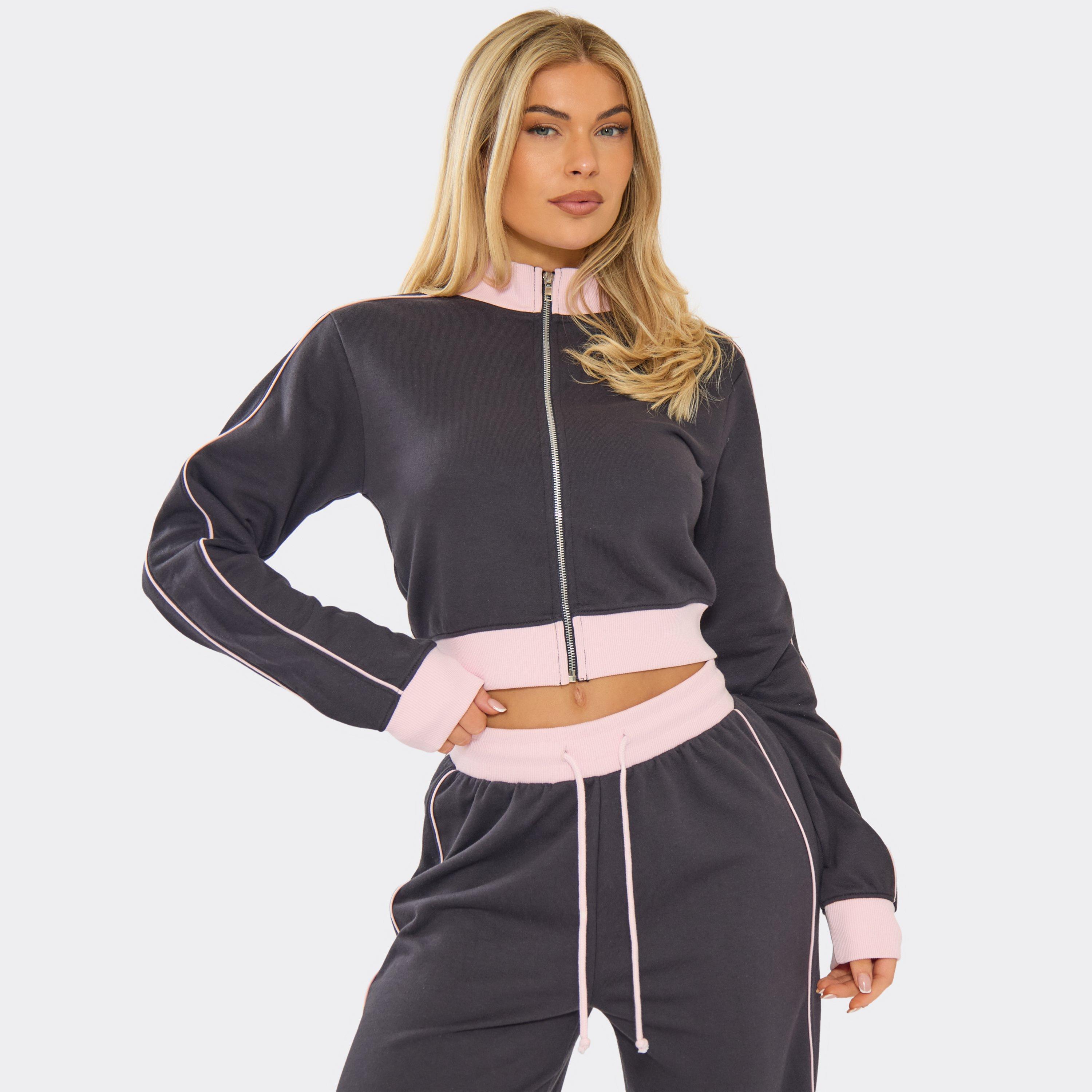 Image of High Neck Contrast Pink Fitted Zip Up Sweatshirt In Navy, Women's