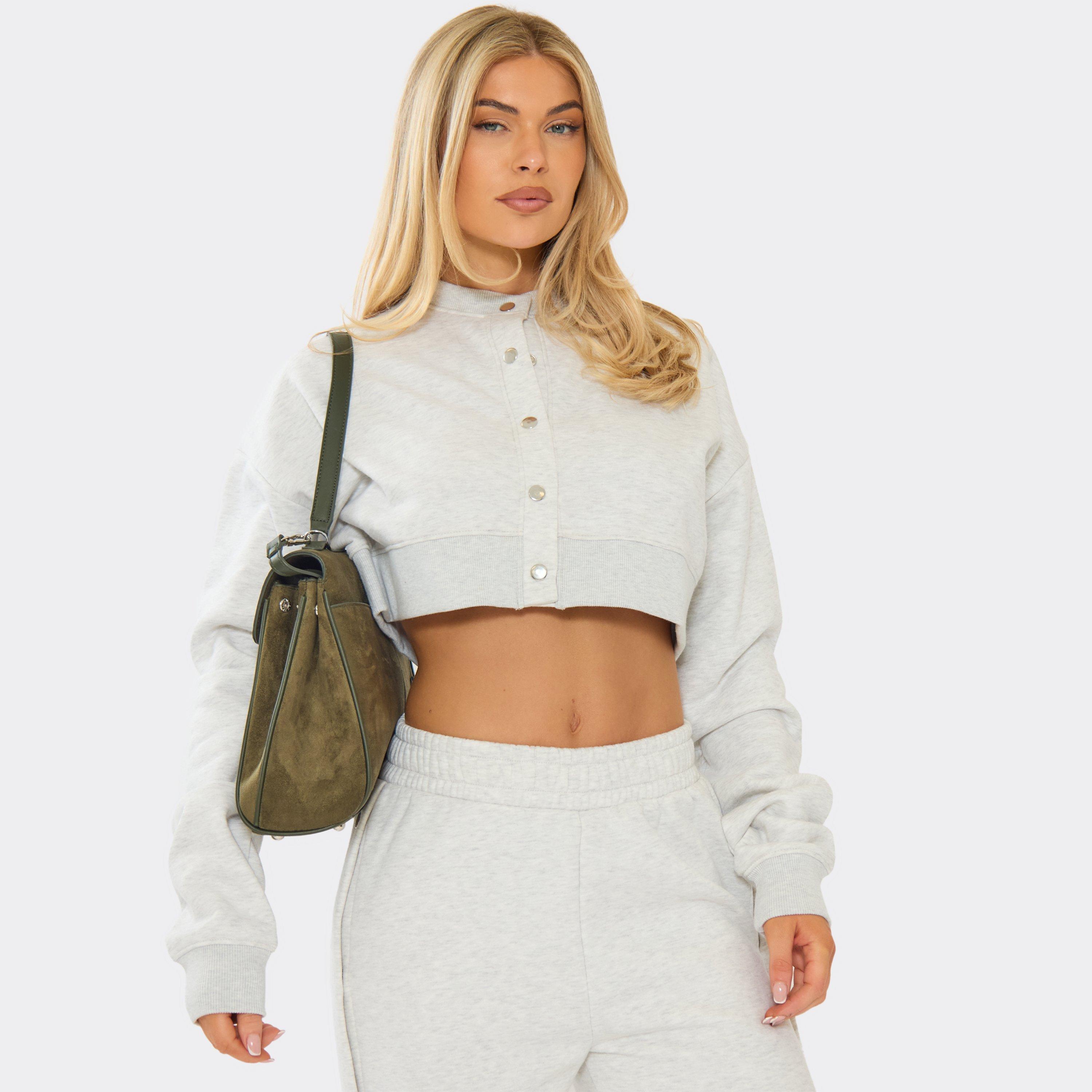 Image of Popper Detail Cropped Sweatshirt In Light Grey Marl, Women's