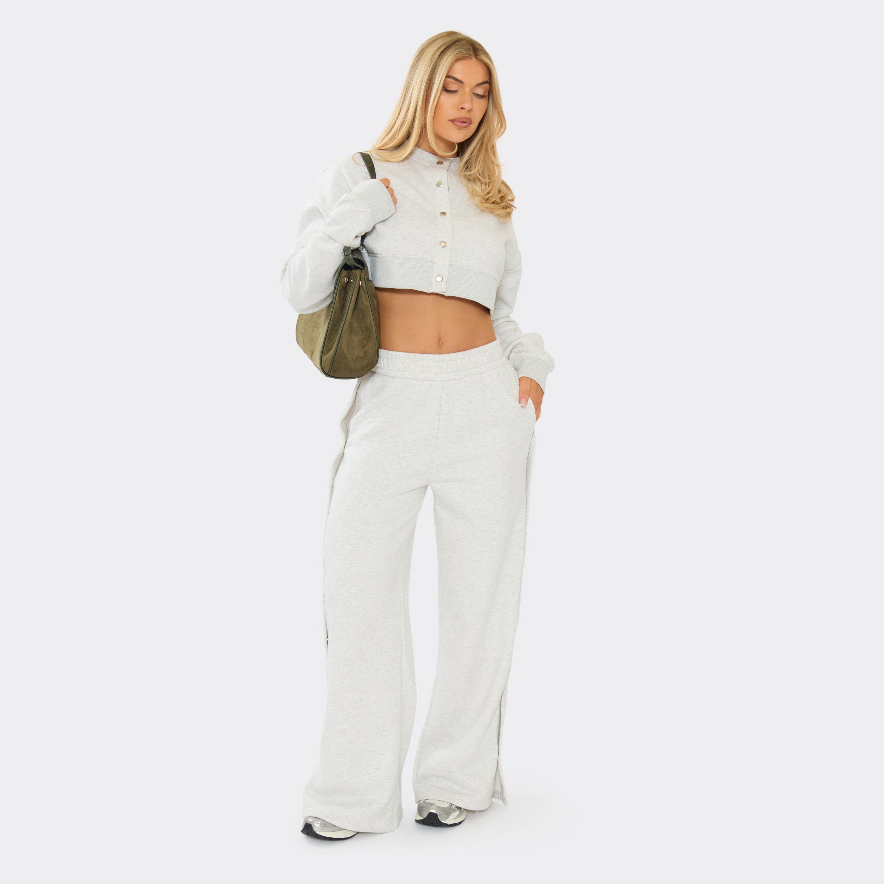 Popper Detail Wide Leg Joggers In Light Grey Marl, Women’s