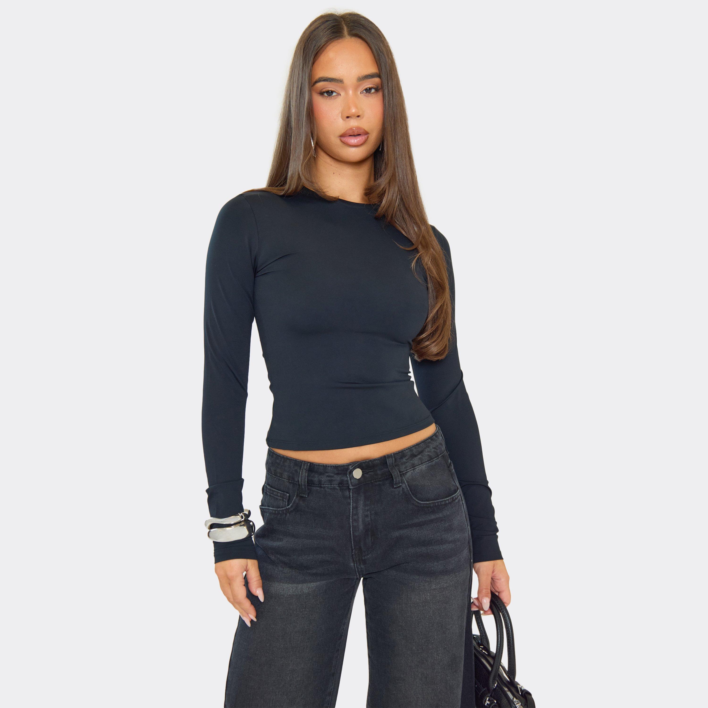 Long Sleeve Fitted Top In Black, Women's Size UK 14