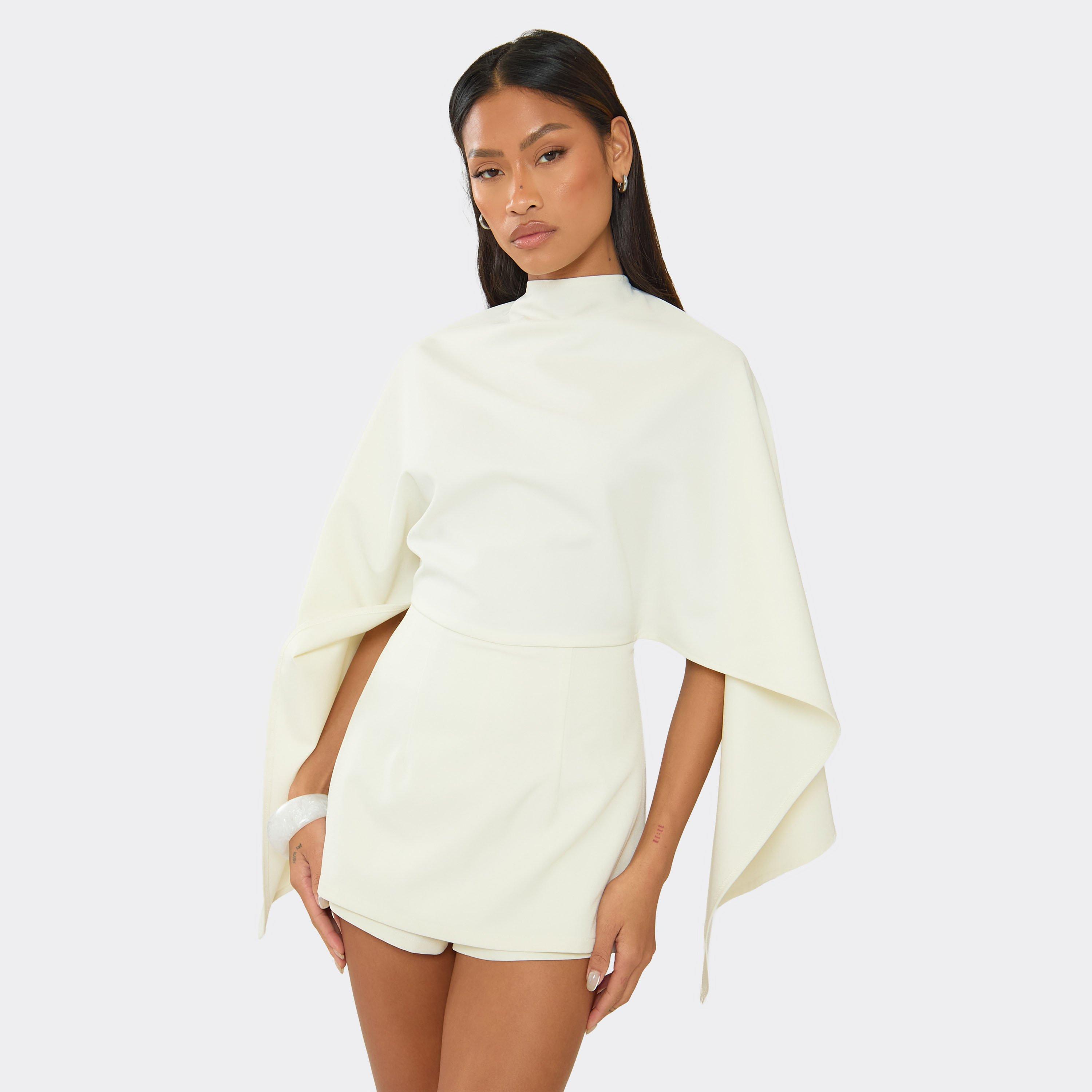 Image of Cape Open Back Playsuit In Cream Woven, Women's