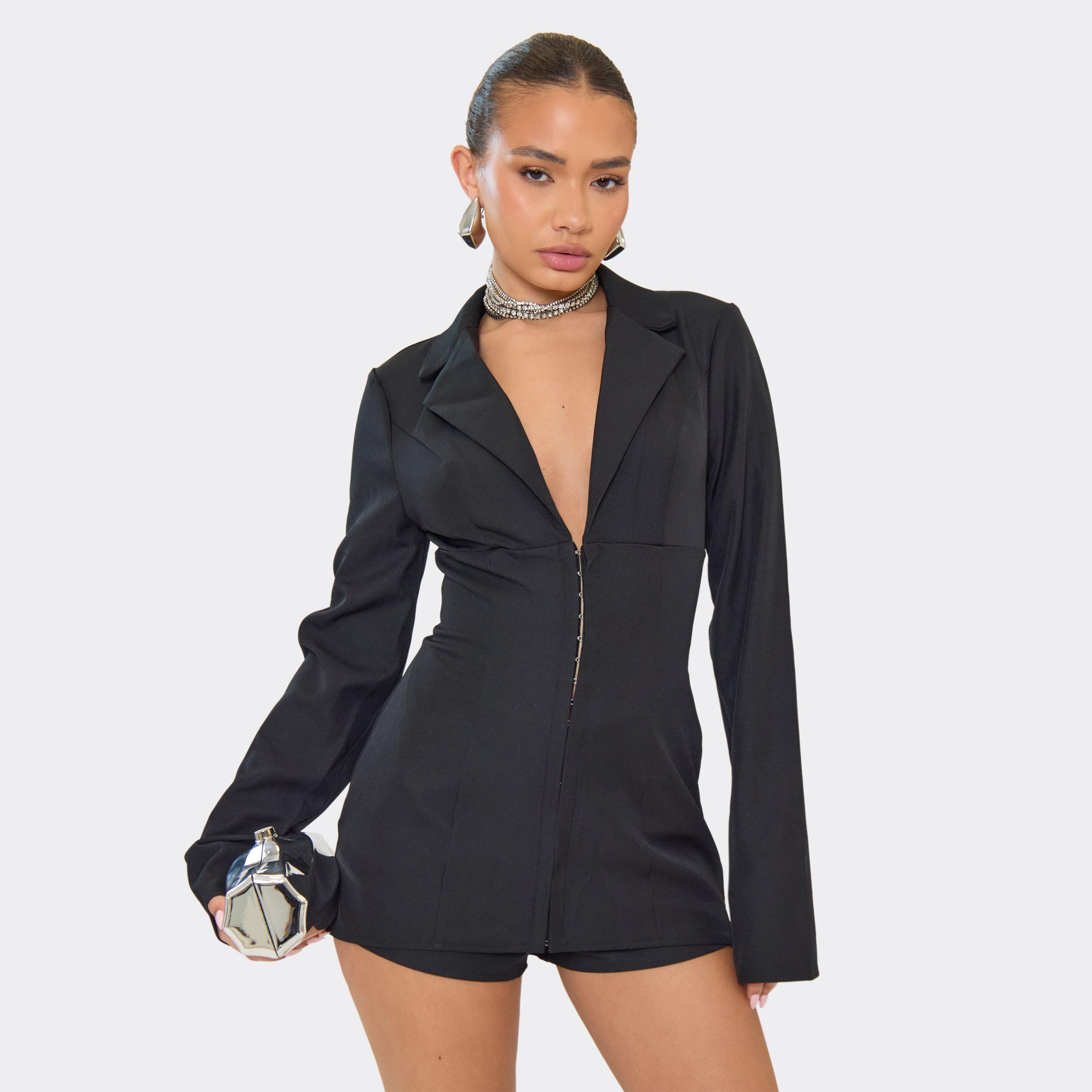 Image of Cinched Waist Hook And Eye Detail Flared Sleeve Playsuit In Black, Women's