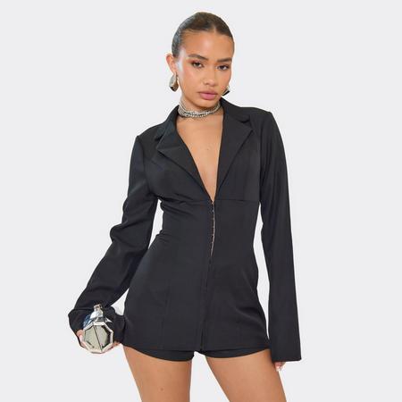 Cinched Waist Hook And Eye Detail Flared Sleeve Playsuit In Black, Women's Size US