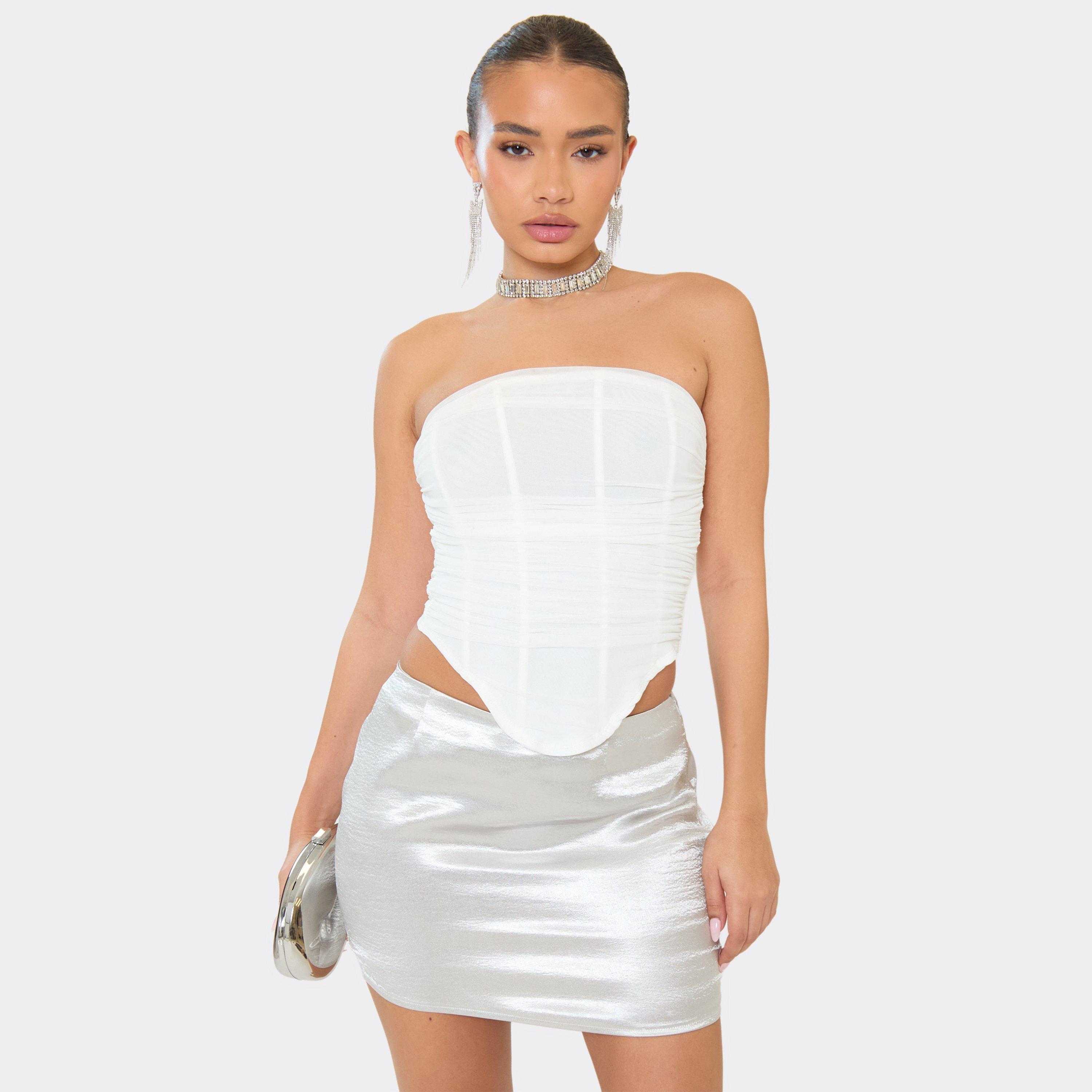 Bandeau Ruched Curved Hem Corset In White Mesh, Women’s