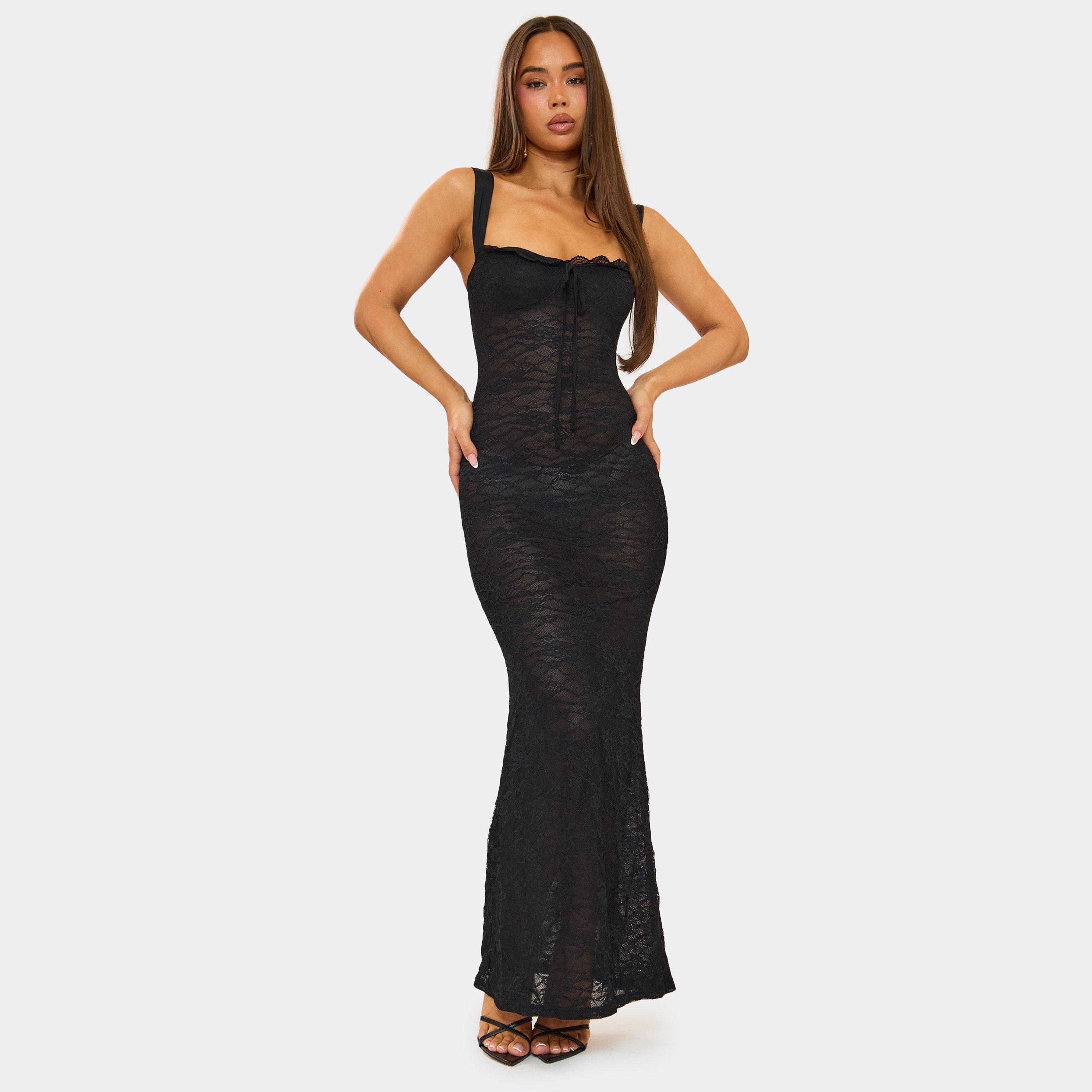 Square Neck Tie Front Maxi Dress In Black Sheer Lace, Women’s