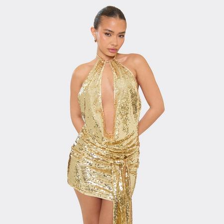 Open Front Drape Detail Mini Dress In Gold Sequin, Women's Size US