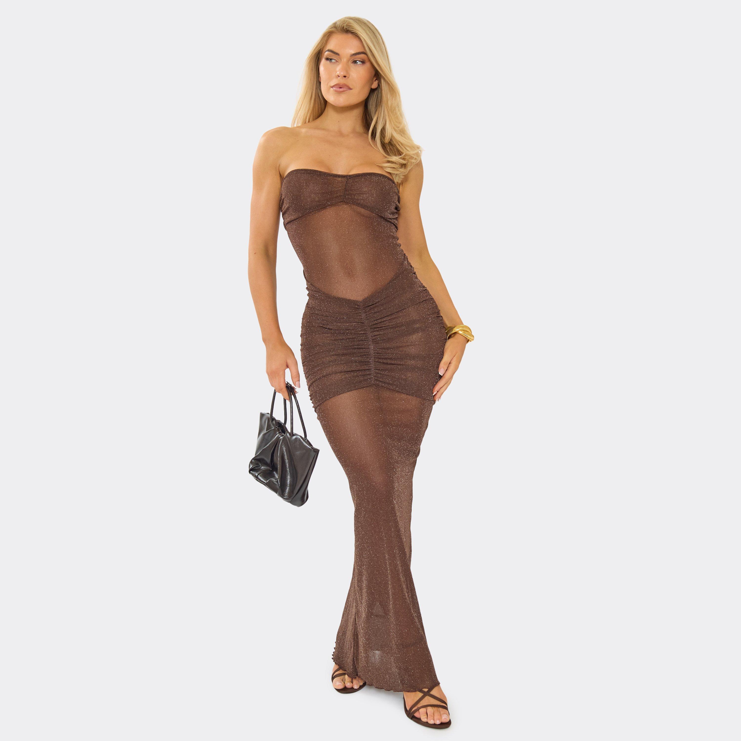 Bandeau Ruched Front Detail Maxi Dress In Brown Metallic Glitter, Women's Size UK 10
