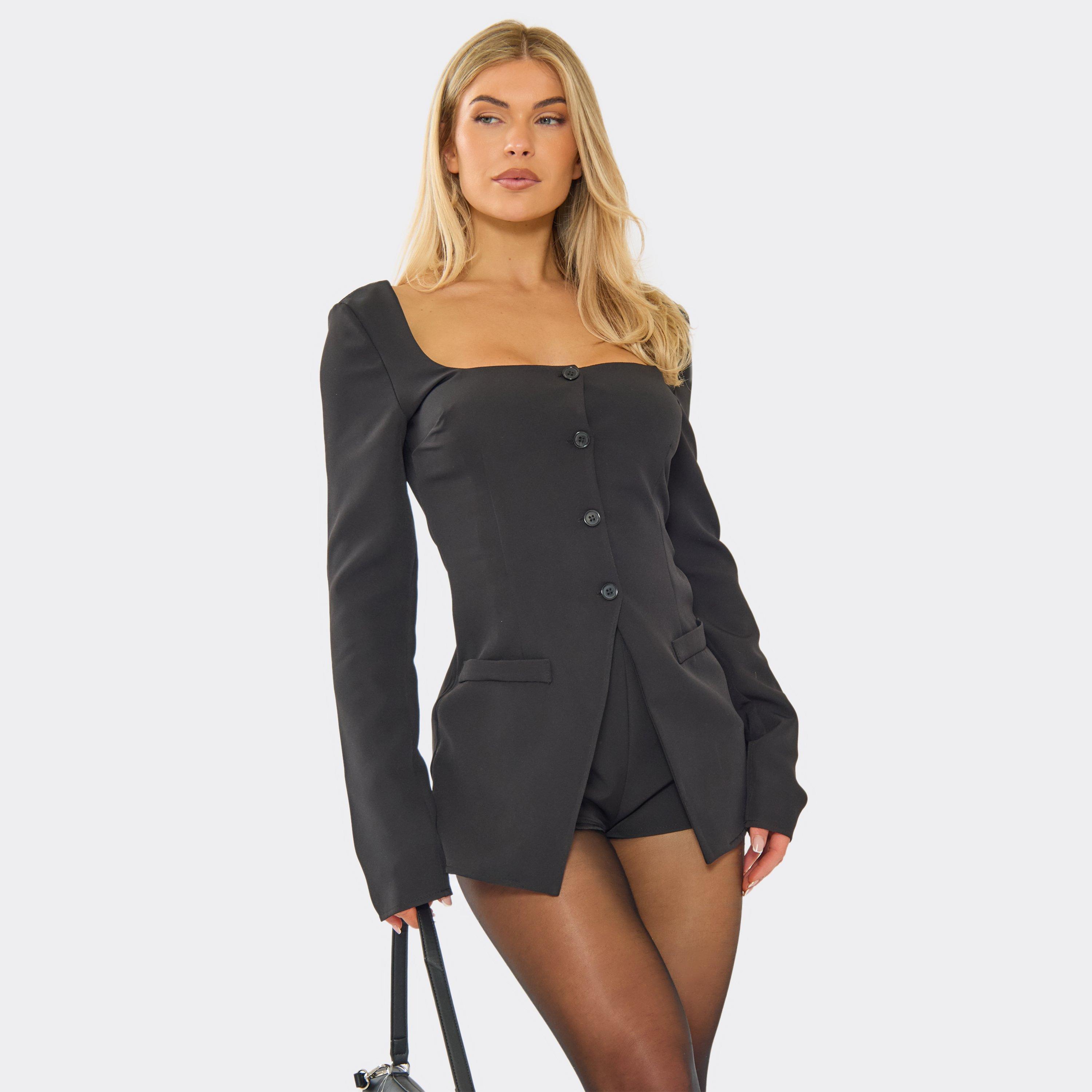 Long Sleeve Square Neck Button Down Split Front Playsuit In Black, Women's Size UK 8