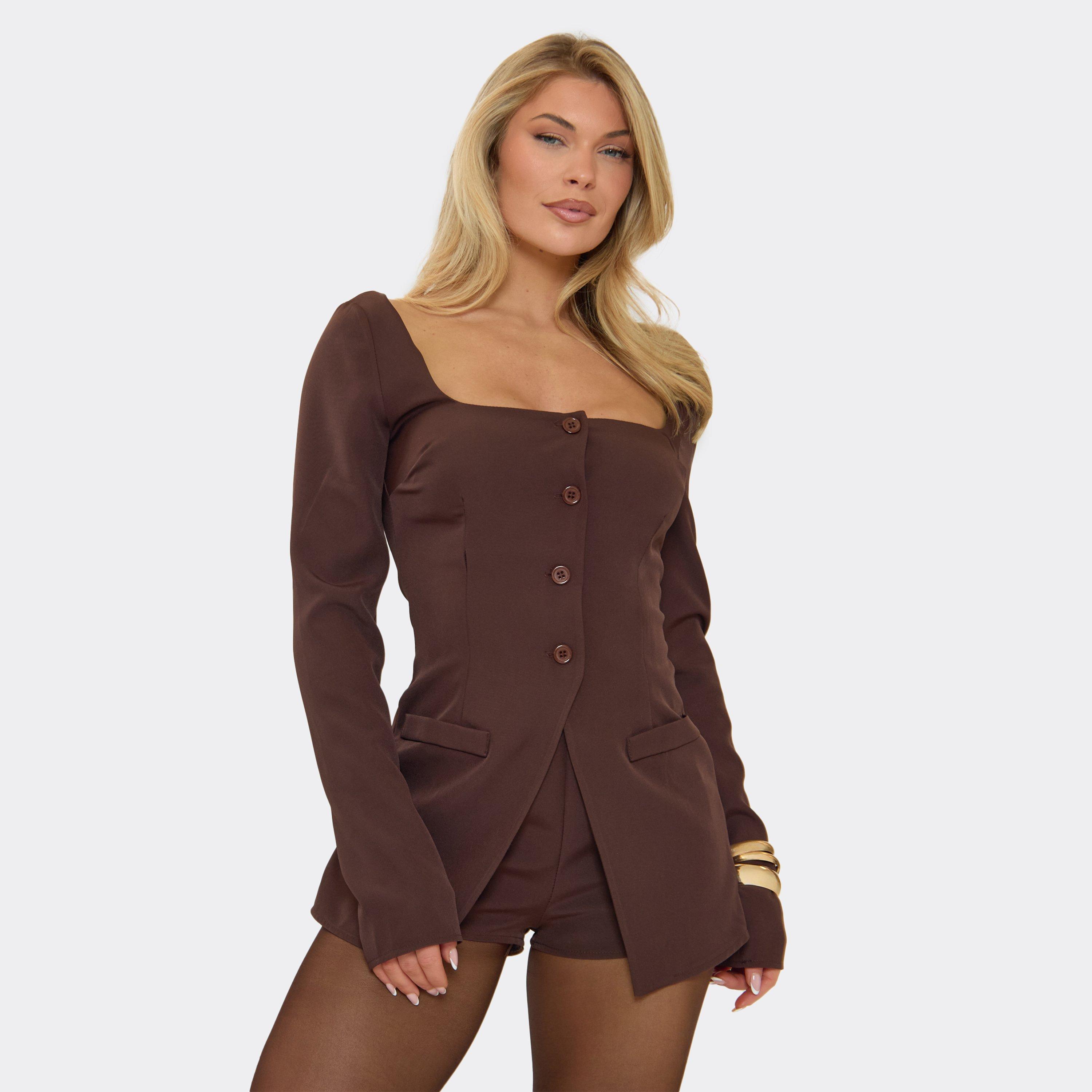 Image of Long Sleeve Square Neck Button Down Split Front Playsuit In Chocolate Brown, Women's