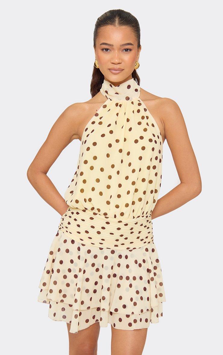 yellow polka dot dress LONG WITH WHITE DOTS computer and monitor settings High Neck Blouson Frilled Mini