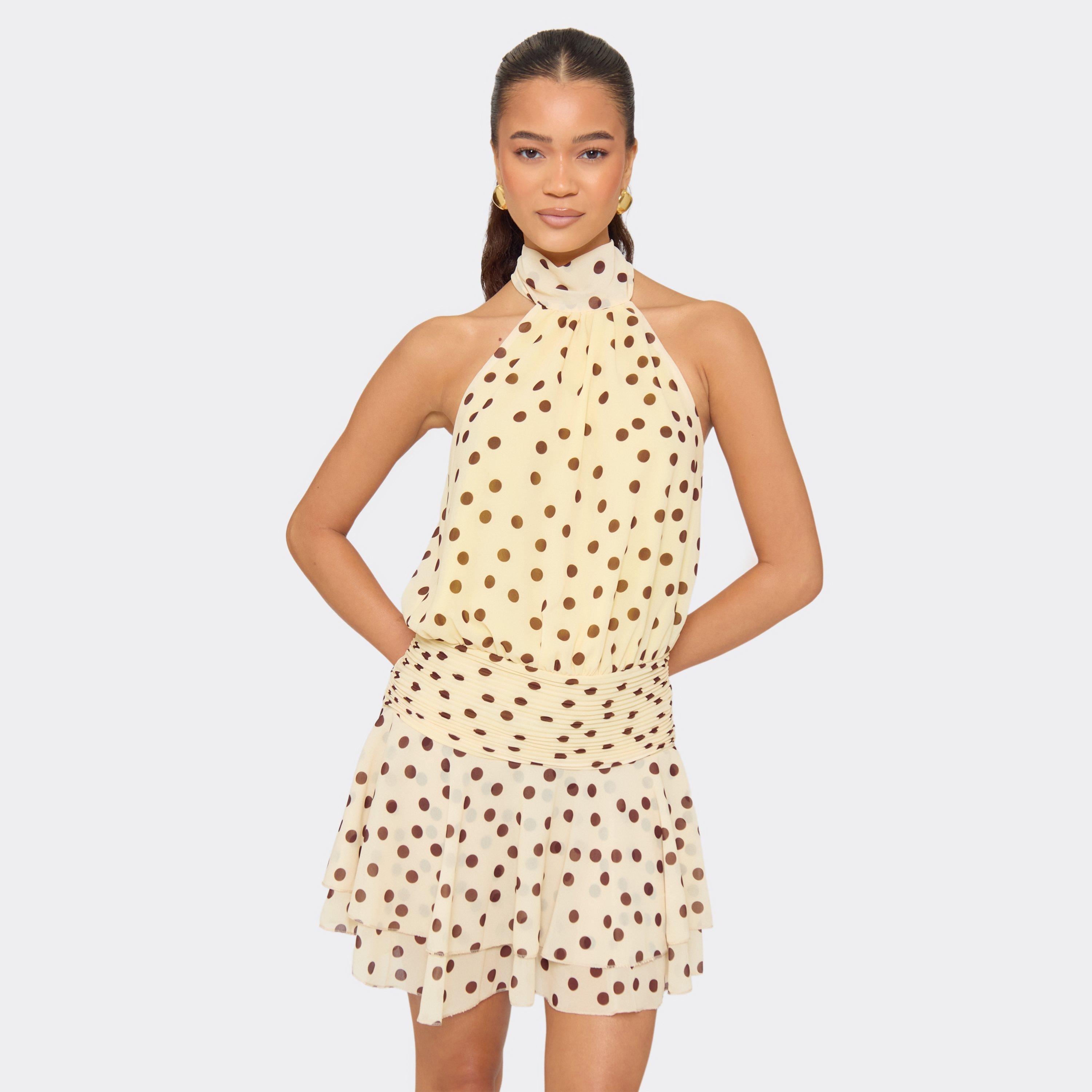 High Neck Blouson Frilled Mini Dress In Lemon Yellow Polka Dot, Women’s