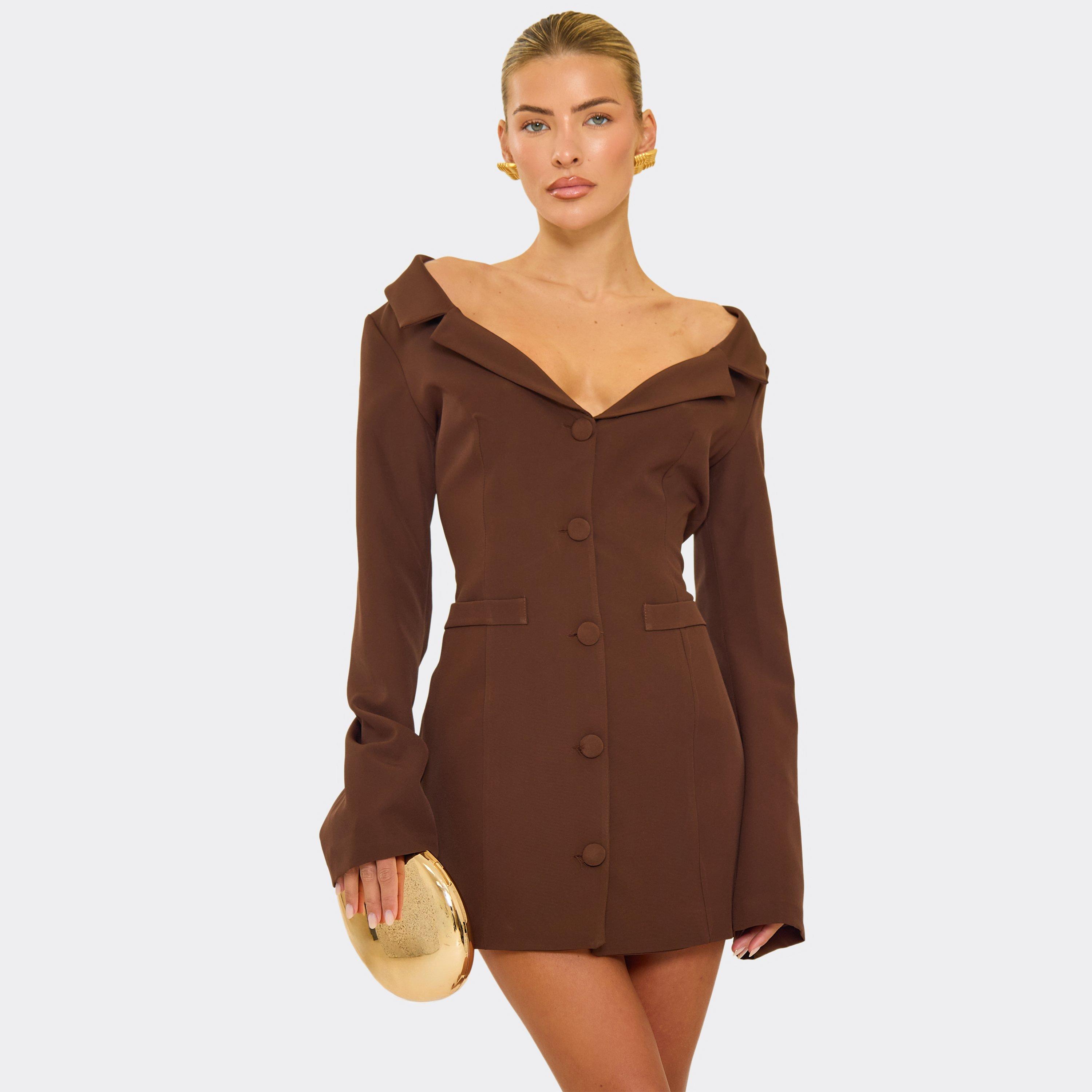 Flared Sleeve Wide Neck Button Front Detail Mini Dress In Chocolate Brown, Women’s