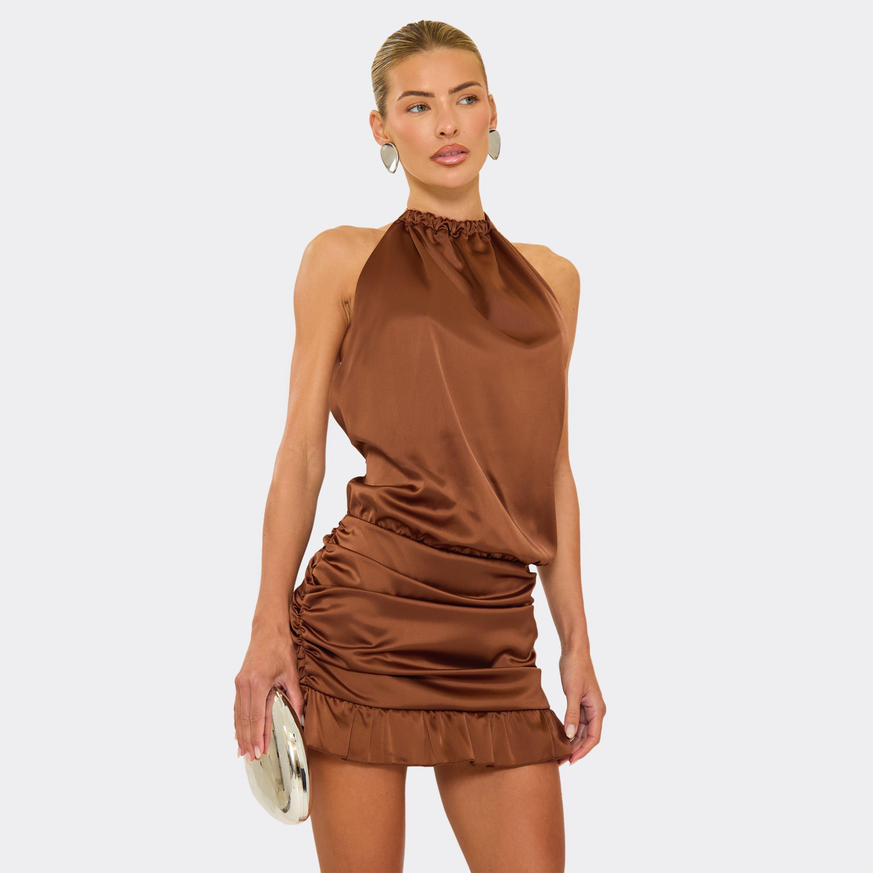 High Neck Halter Ruched Detail Frill Hem Mini Dress In Brown Satin, Women's Size UK 10