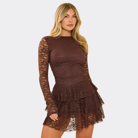 Long Sleeve Ruffle Hem Detail Mini Dress In Chocolate Brown Mesh, Women's Size US