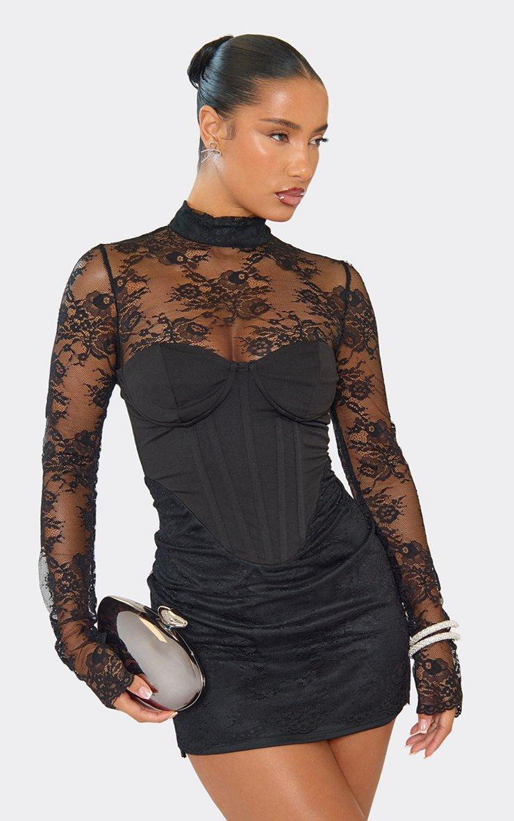 long sleeve black corset dress HOUSE OF CB Women's Raquel Lace - Short black velvet dress with boned corset Long Sleeve Flared Corset Dress