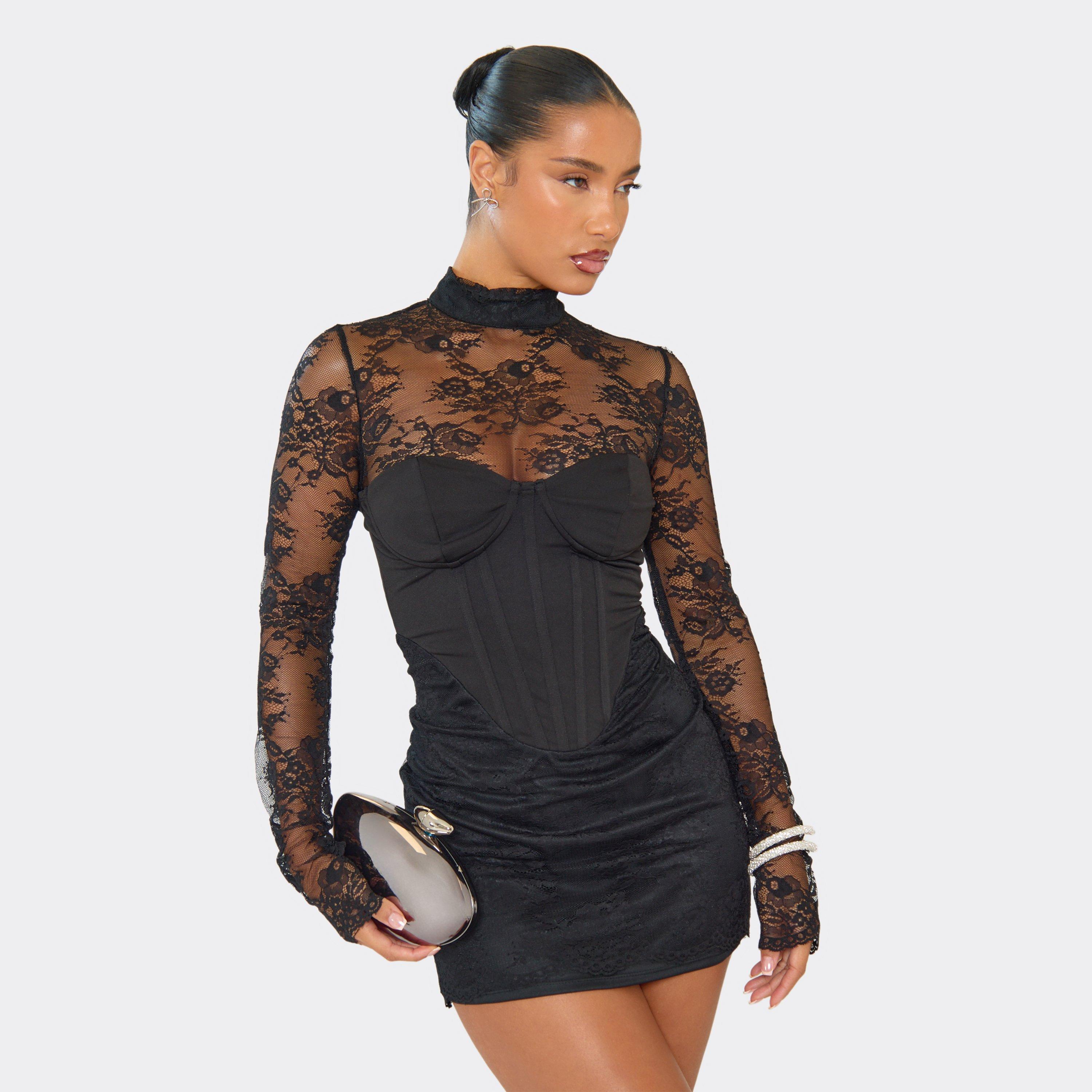 High Neck Long Sleeve Lace Detail Corset Overlay Mini Dress In Black, Women's Size UK 8