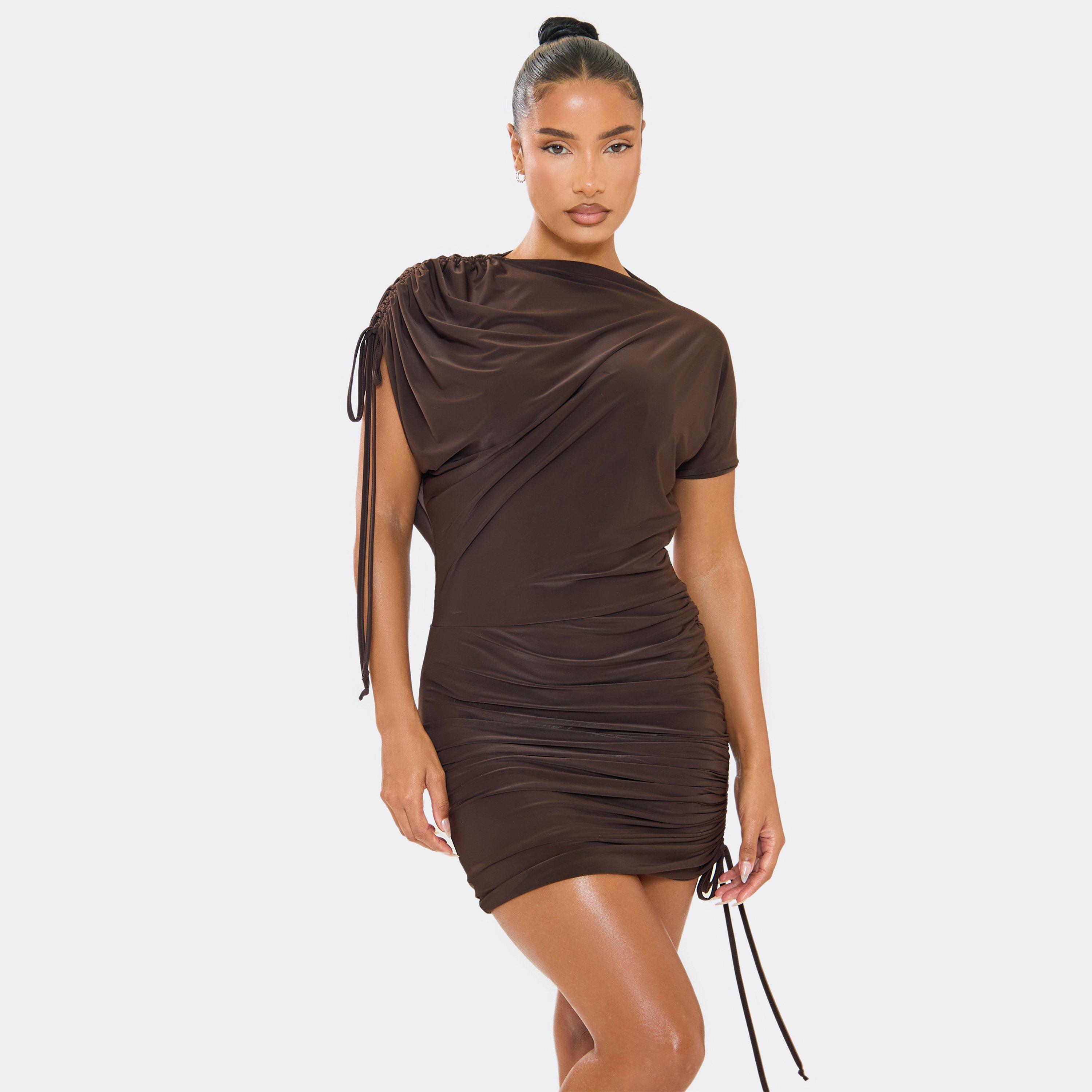 Asymmetric Drape Blouson Ruched Detail Mini Dress In Chocolate Brown, Women's Size UK 6