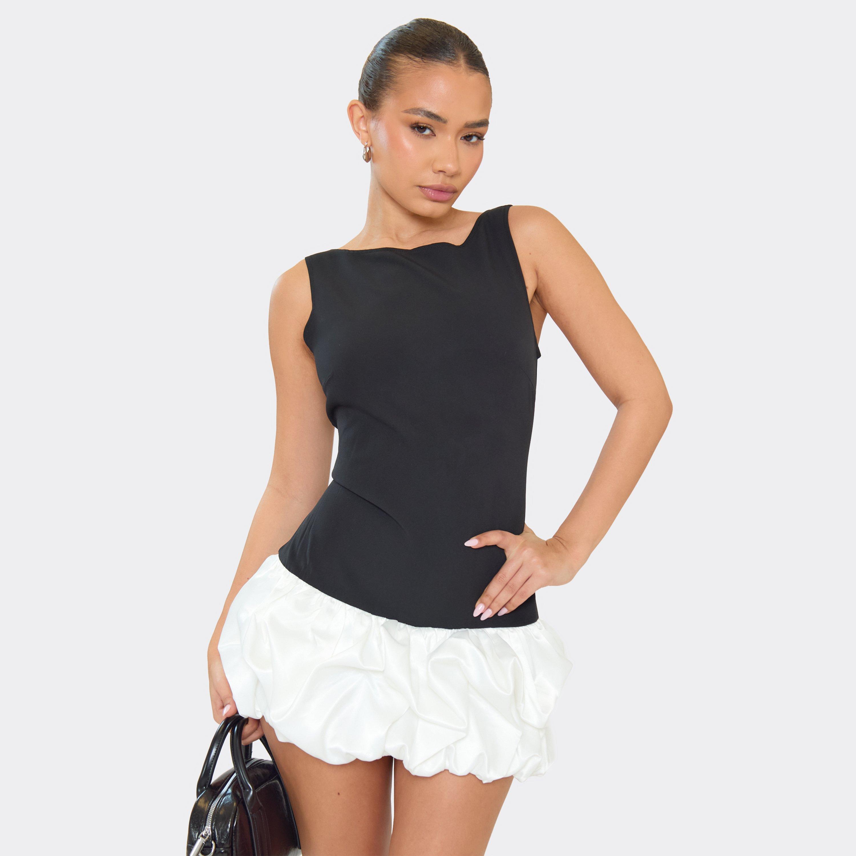 Sleeveless Puffball Ruffle Hem Contrast Detail Playsuit In Black, Women's Size UK 14