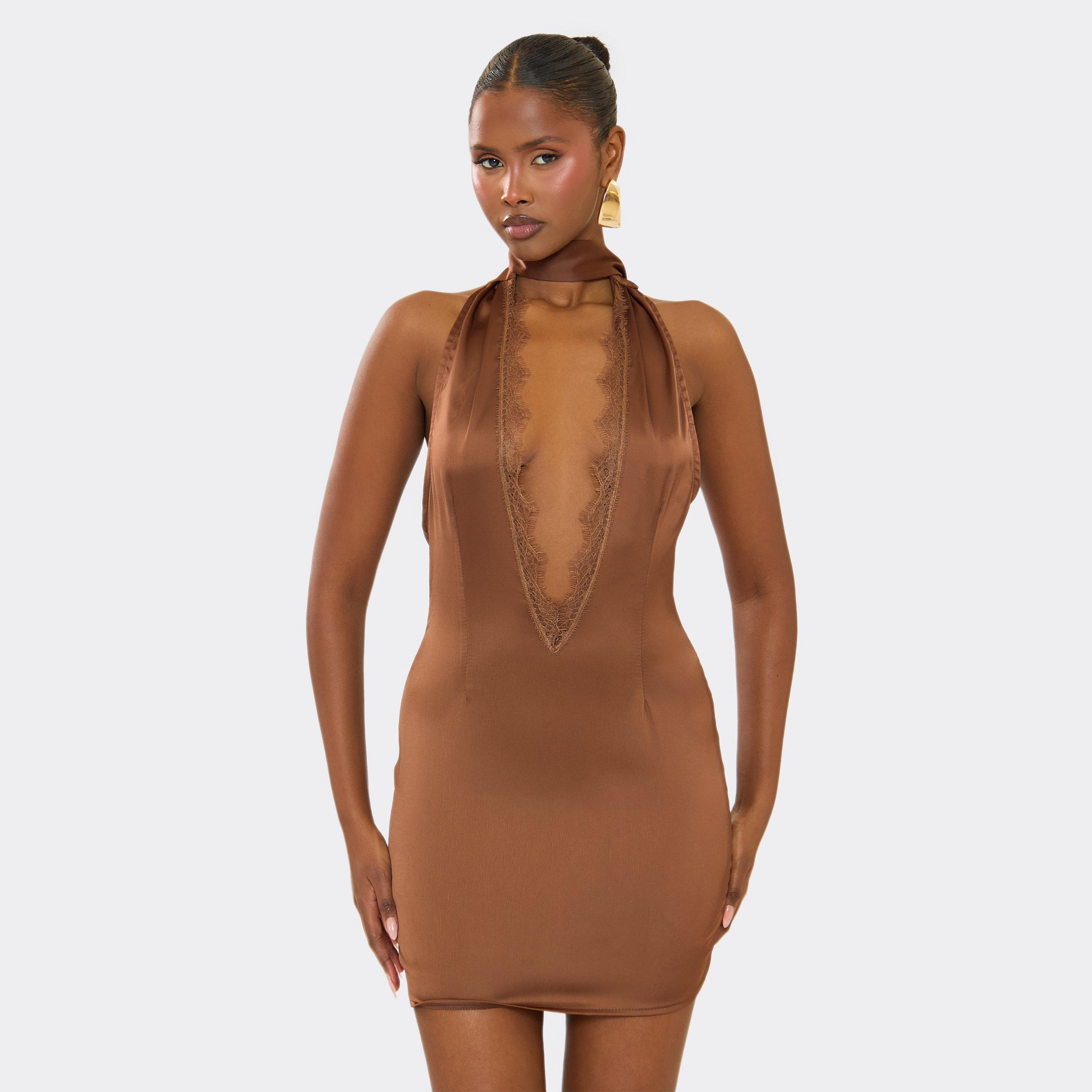 Scarf Detail Lace Trim Plunge Detail Mini Dress In Brown Satin, Women’s