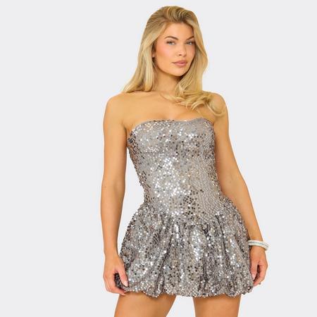 Bandeau Puffball Detail Mini Dress In Taupe Sequin, Women's Size US