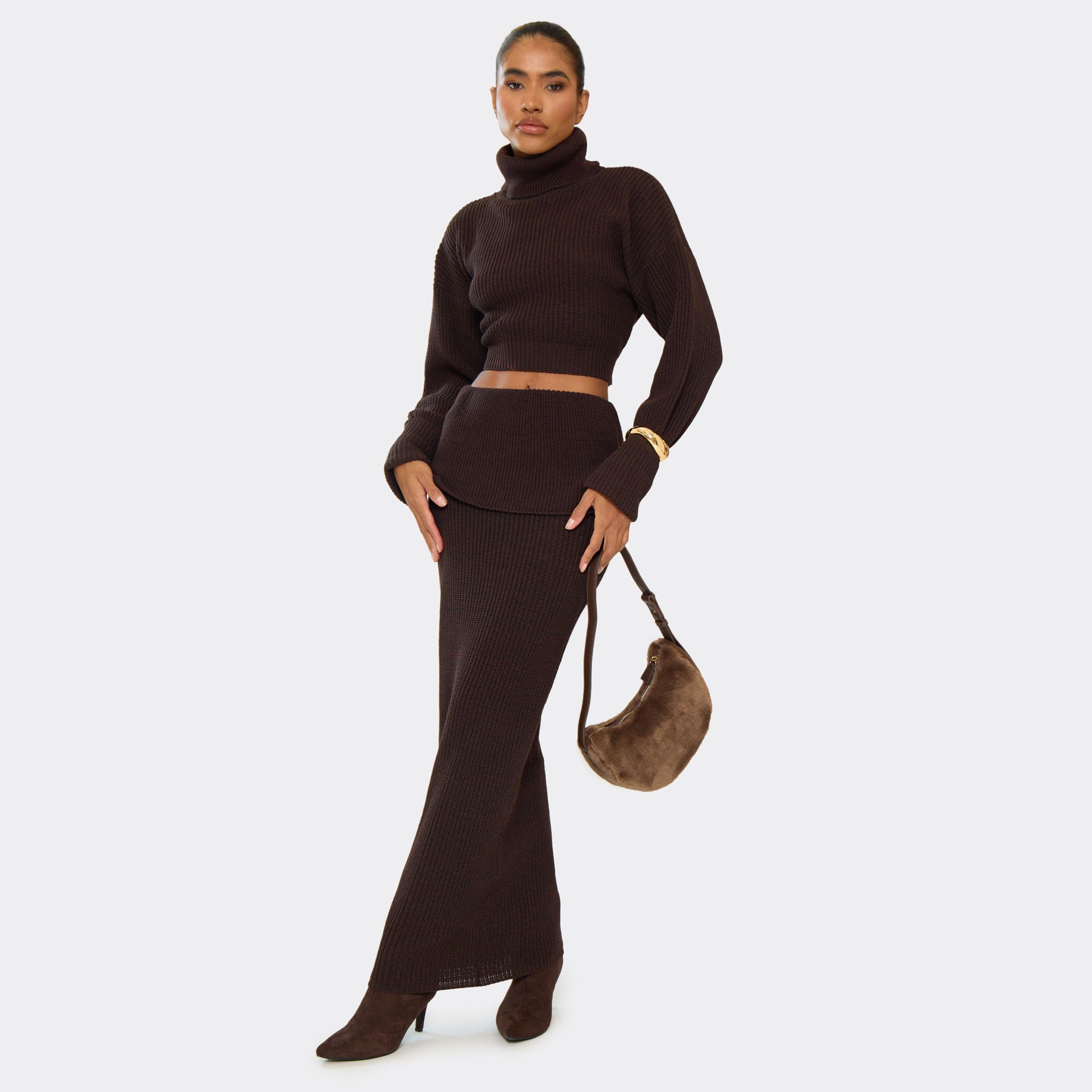 Fold Over Maxi Skirt In Chocolate Brown Ribbed Knit, Women's Size UK M