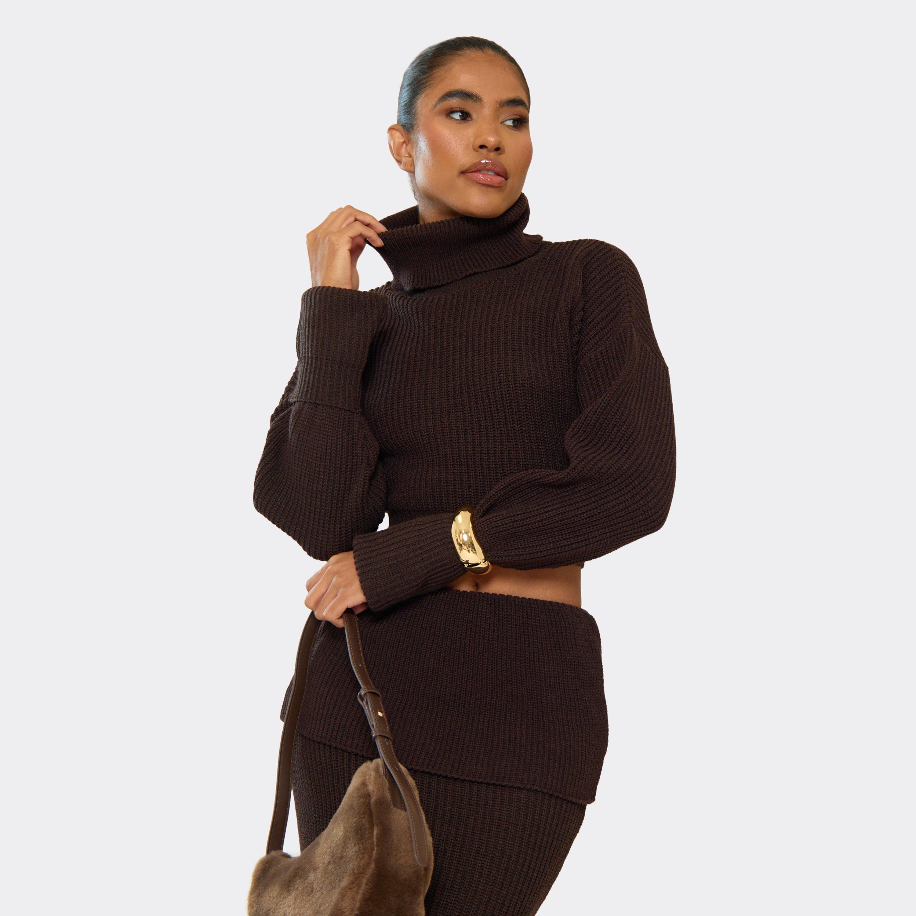 Roll Neck Cropped Jumper In Chocolate Brown Ribbed Knit, Women's Size UK S