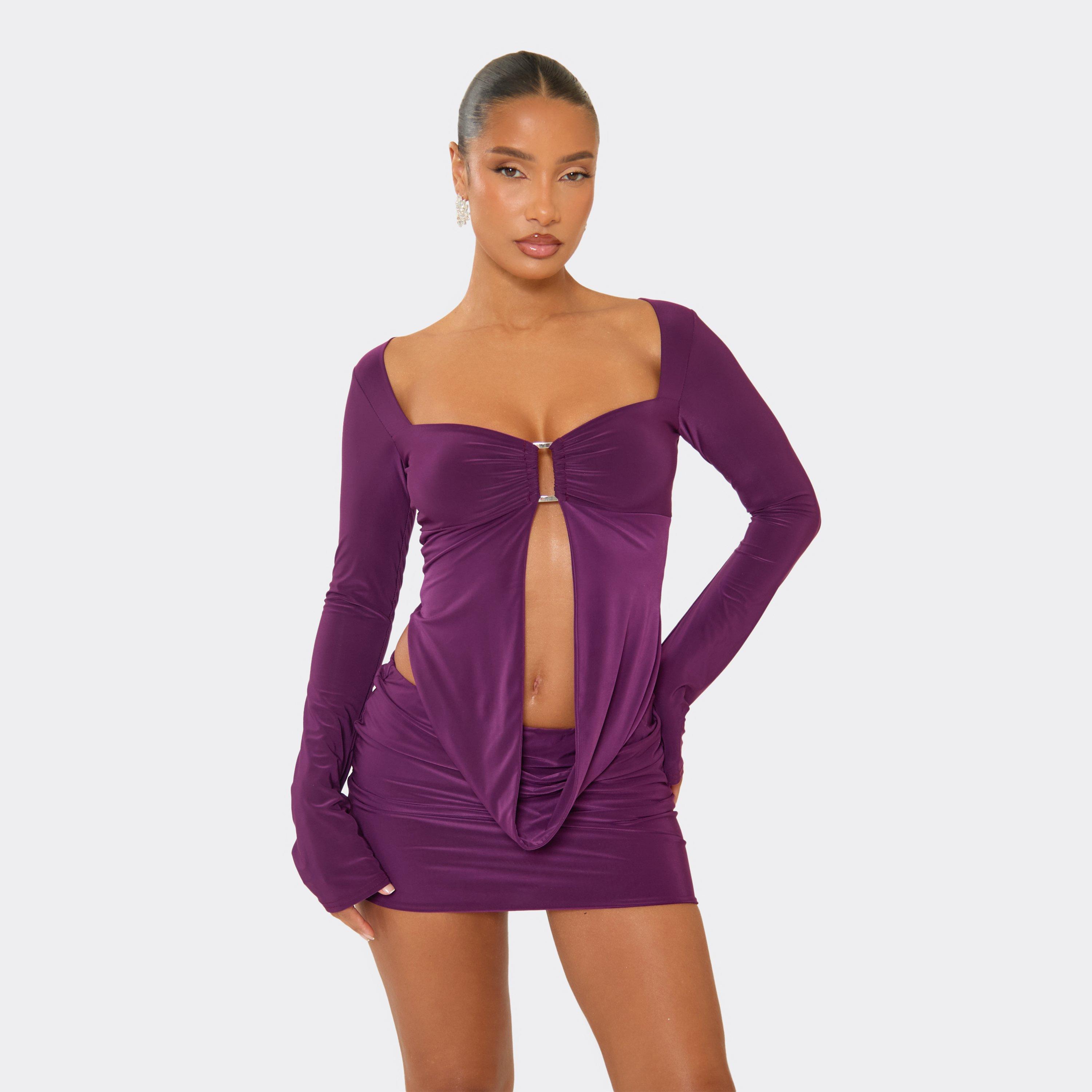 Image of Long Sleeve Cowl Front Trim Detail Ruched Top In Plum Slinky, Women's