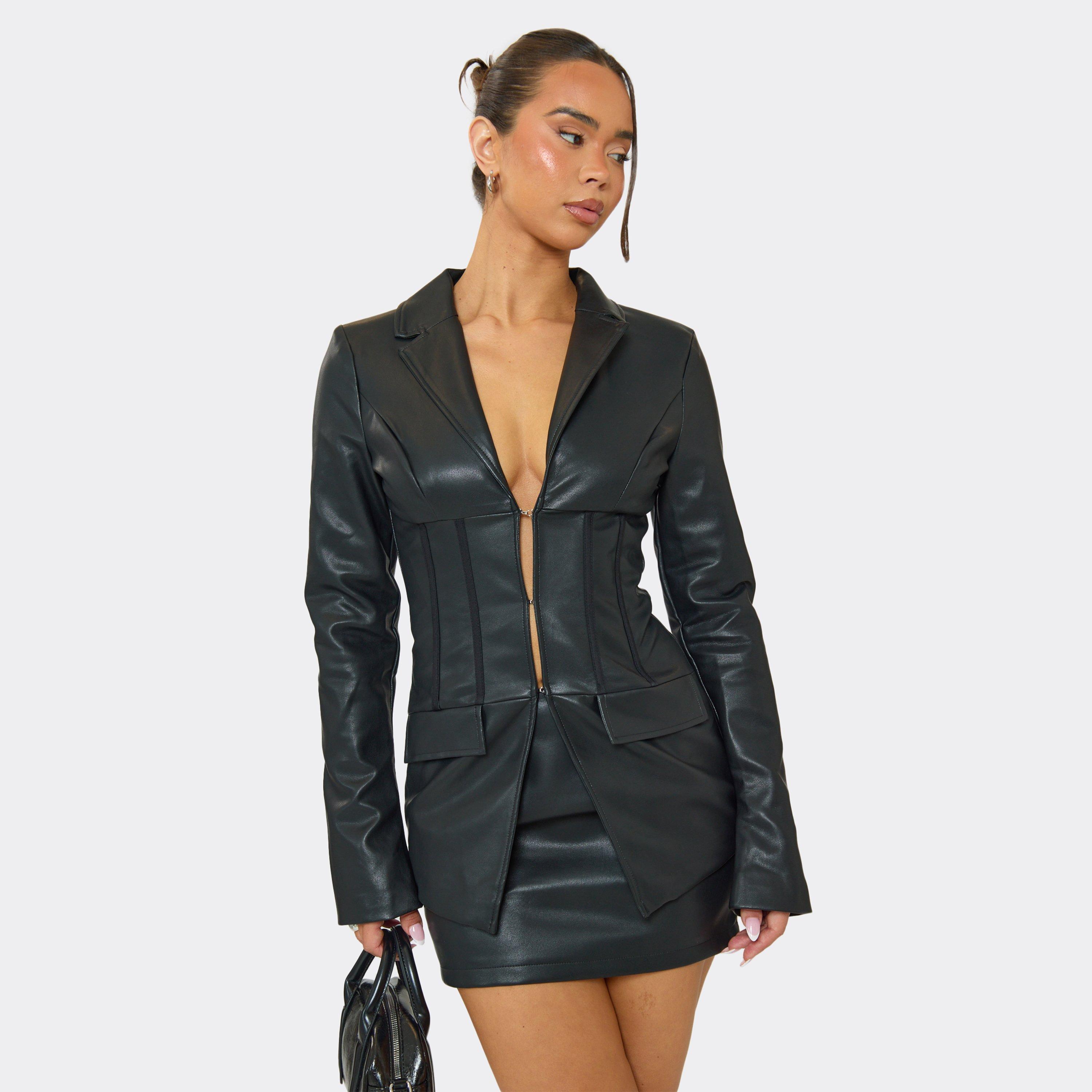 Hook And Eye Cinched Waist Blazer Top In Black Faux Leather, Women's Size UK 10