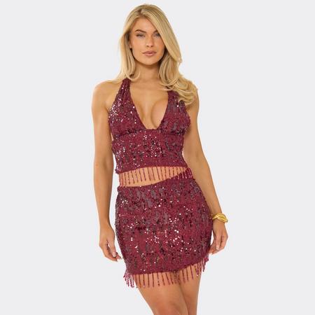 Halterneck Embroidered Bead Trim Detail Crop Top In Burgundy Sequin, Women's Size US