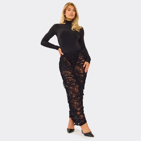 Mid Waist Ruched Maxi Skirt In Black Lace, Women's Size US