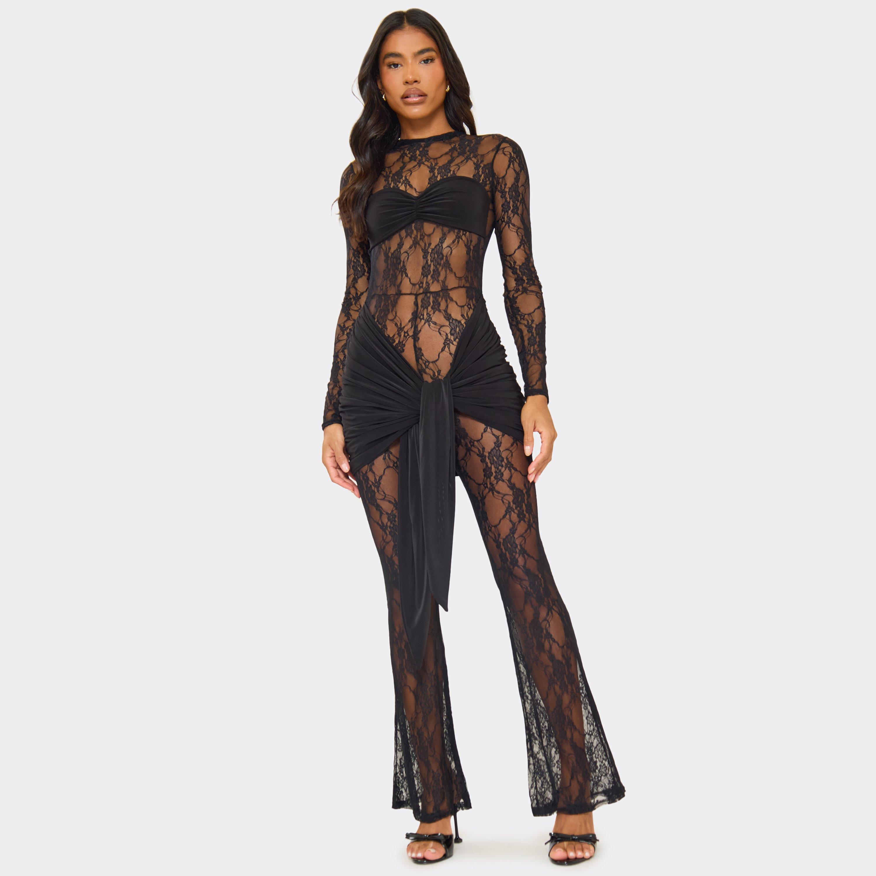Long Sleeve Contrast Ruched Drape Front Detail Flare Leg Jumpsuit In Black Lace, Women's Size UK 6
