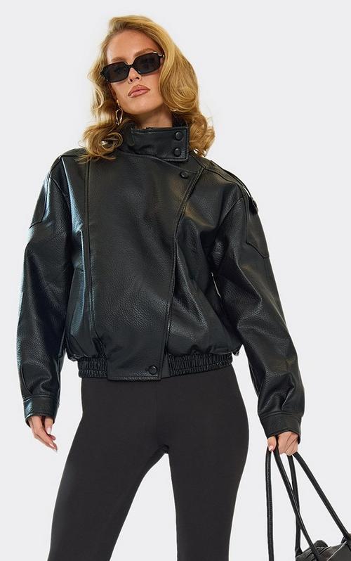 Oversized Crucifix Detail Bomber Jacket In Black Acid Wash Faux
