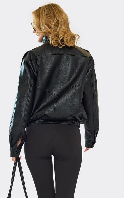 Oversized Crucifix Detail Bomber Jacket In Black Acid Wash Faux