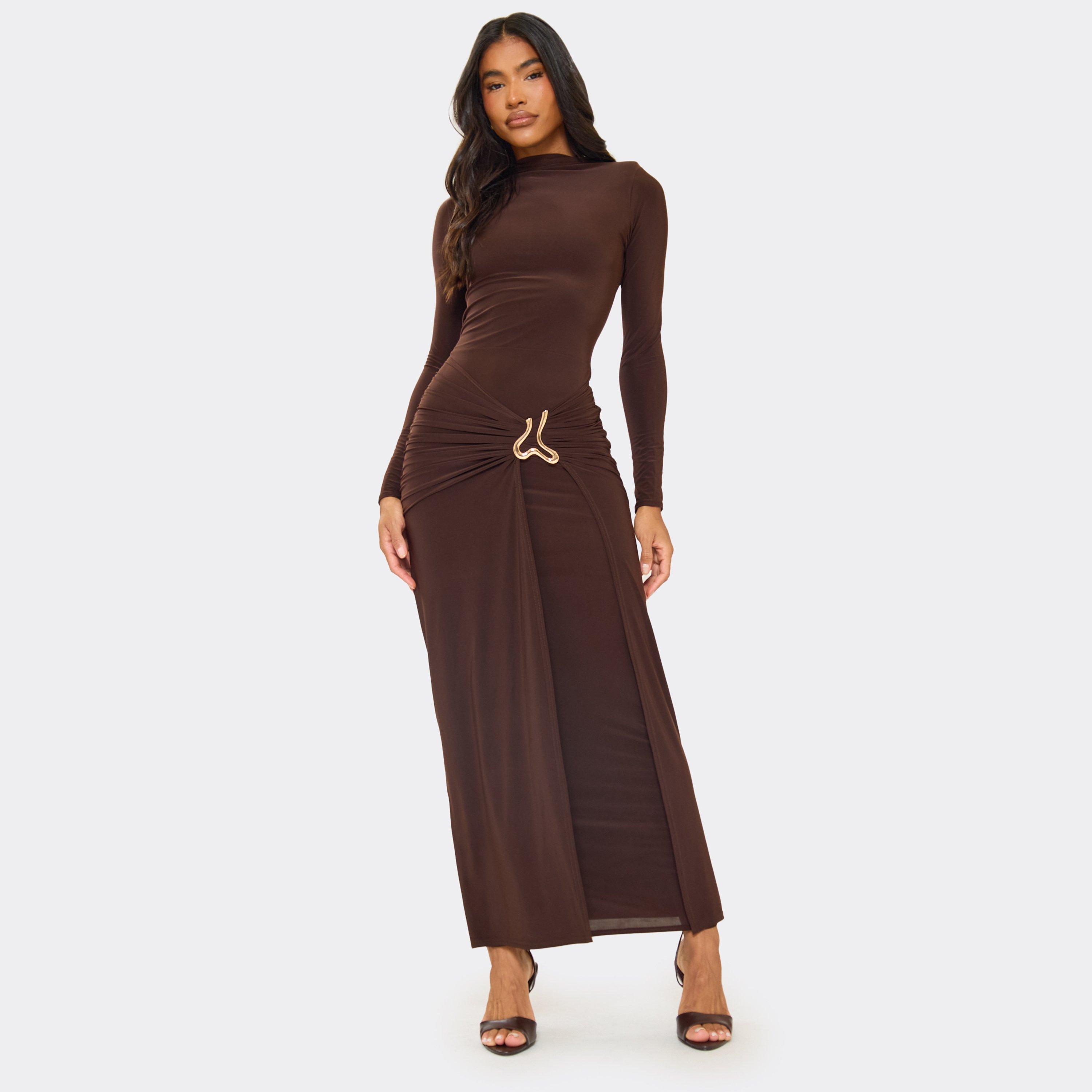 Long Sleeve High Neck Trim Detail Drape Front Maxi Dress In Chocolate Brown, Women's Size UK 6