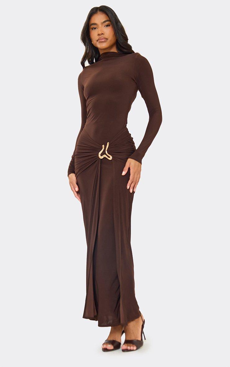Long Sleeve High Neck Trim Detail Drape Front Maxi Dress In Chocolate Brown  | EGO US | EGO