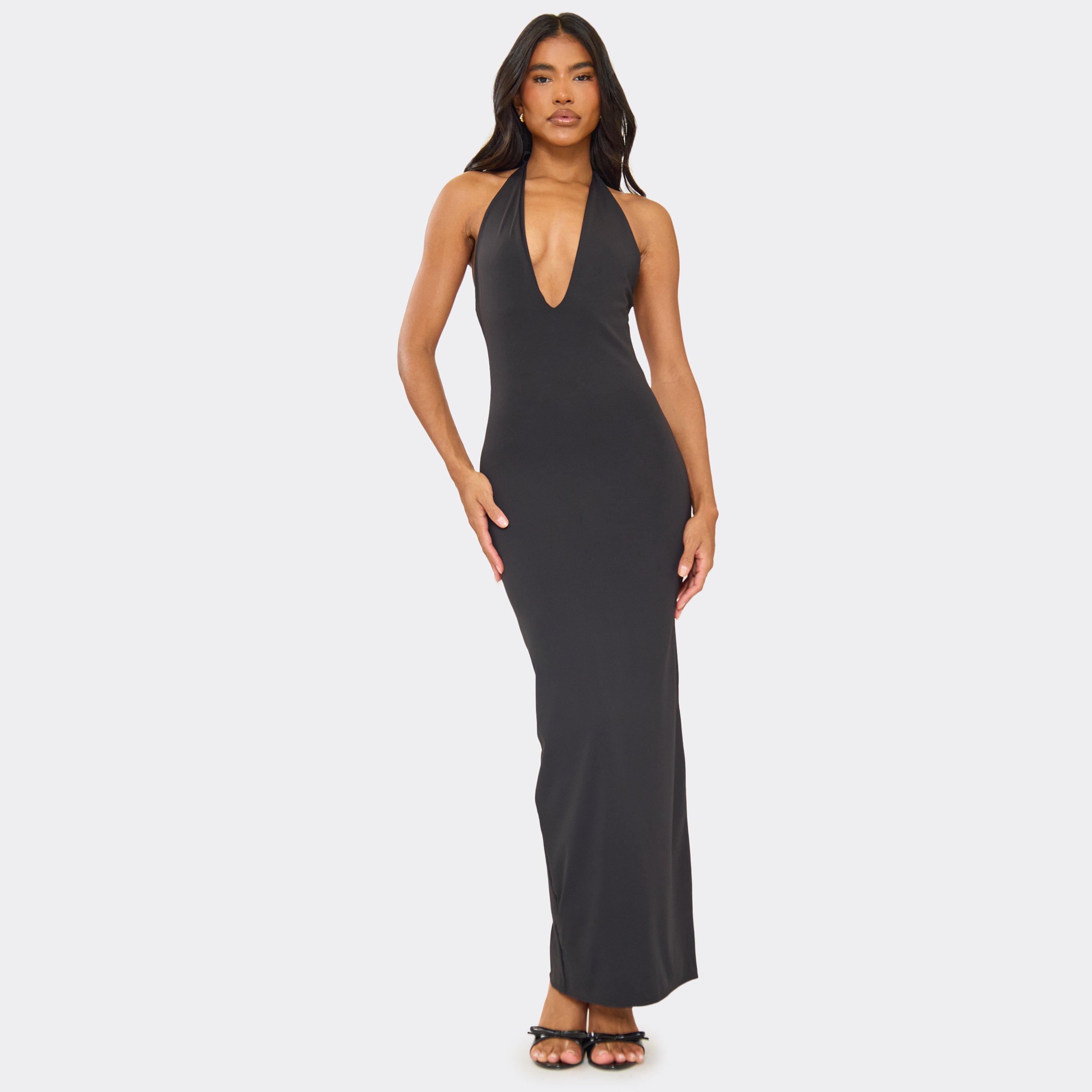 Plunge Halterneck Open Back Detail Maxi Dress In Black, Women's Size UK 10