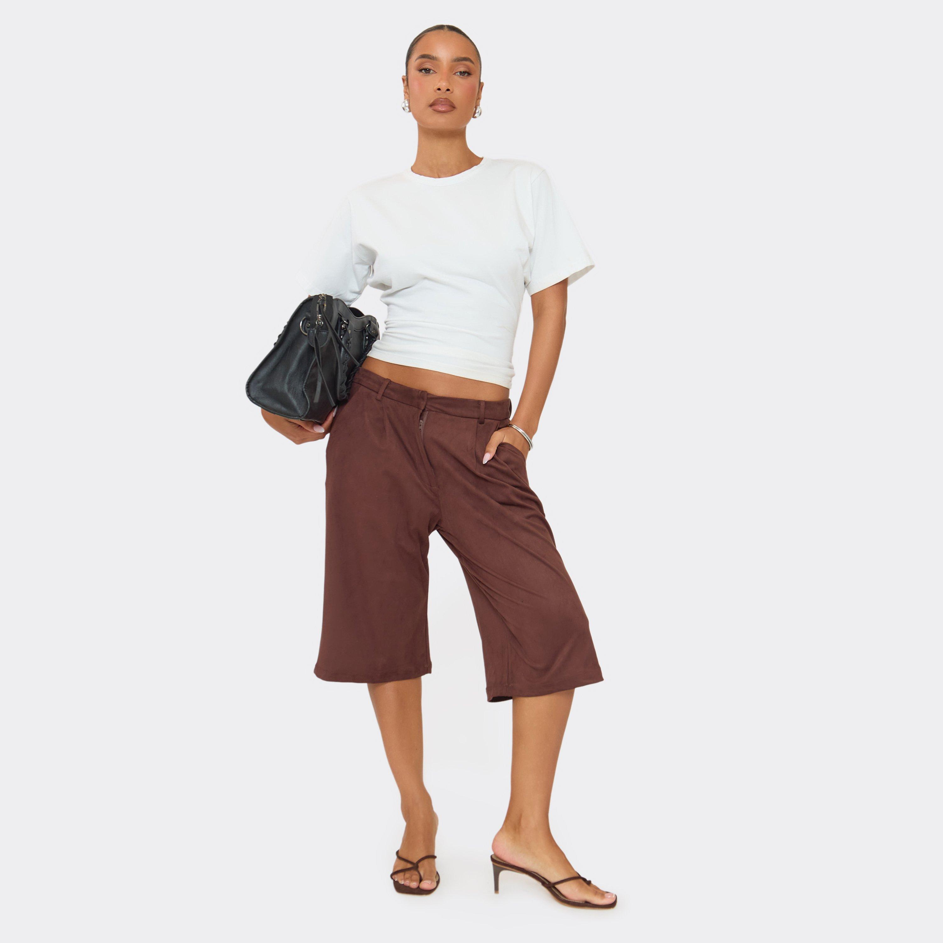 Mid Rise Tailored Jorts In Chocolate Brown Faux Suede, Women's Size UK 10