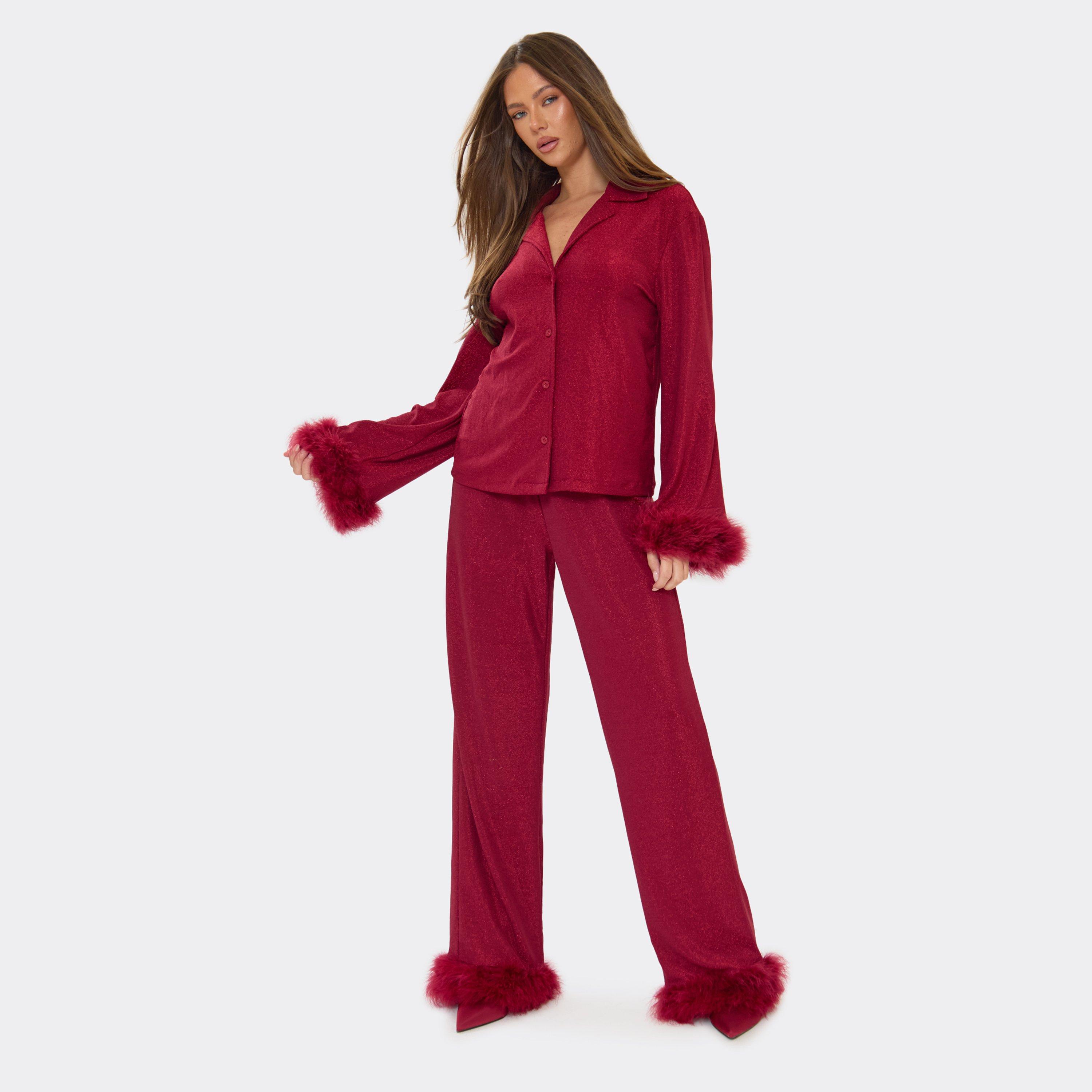 Long Sleeve Faux Feather Trim Button Front Top And Trouser Pyjamas Set In Burgundy Metallic, Women’s