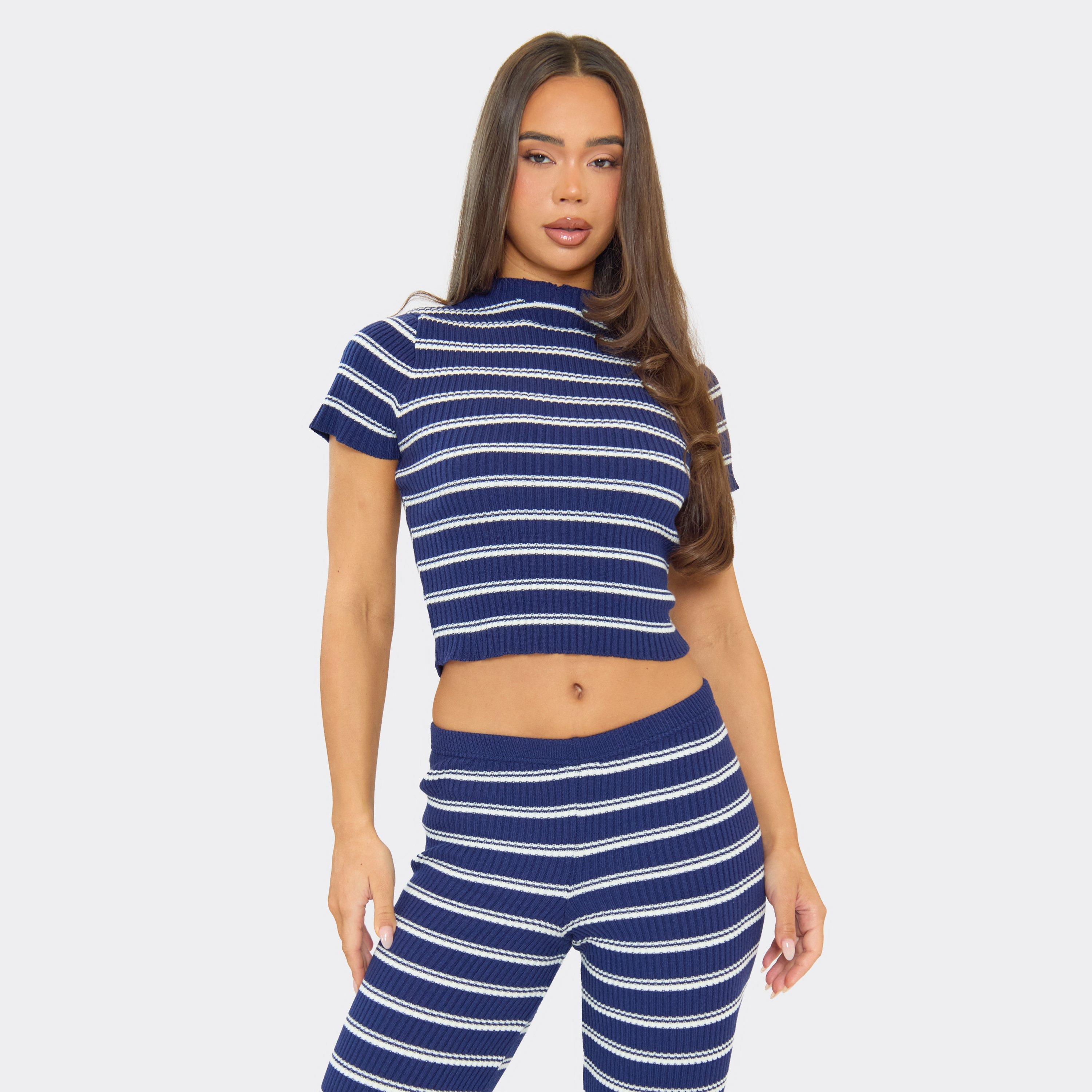 Short Sleeve Crop Top In Blue Stripe Rib Knit, Women's Size UK S