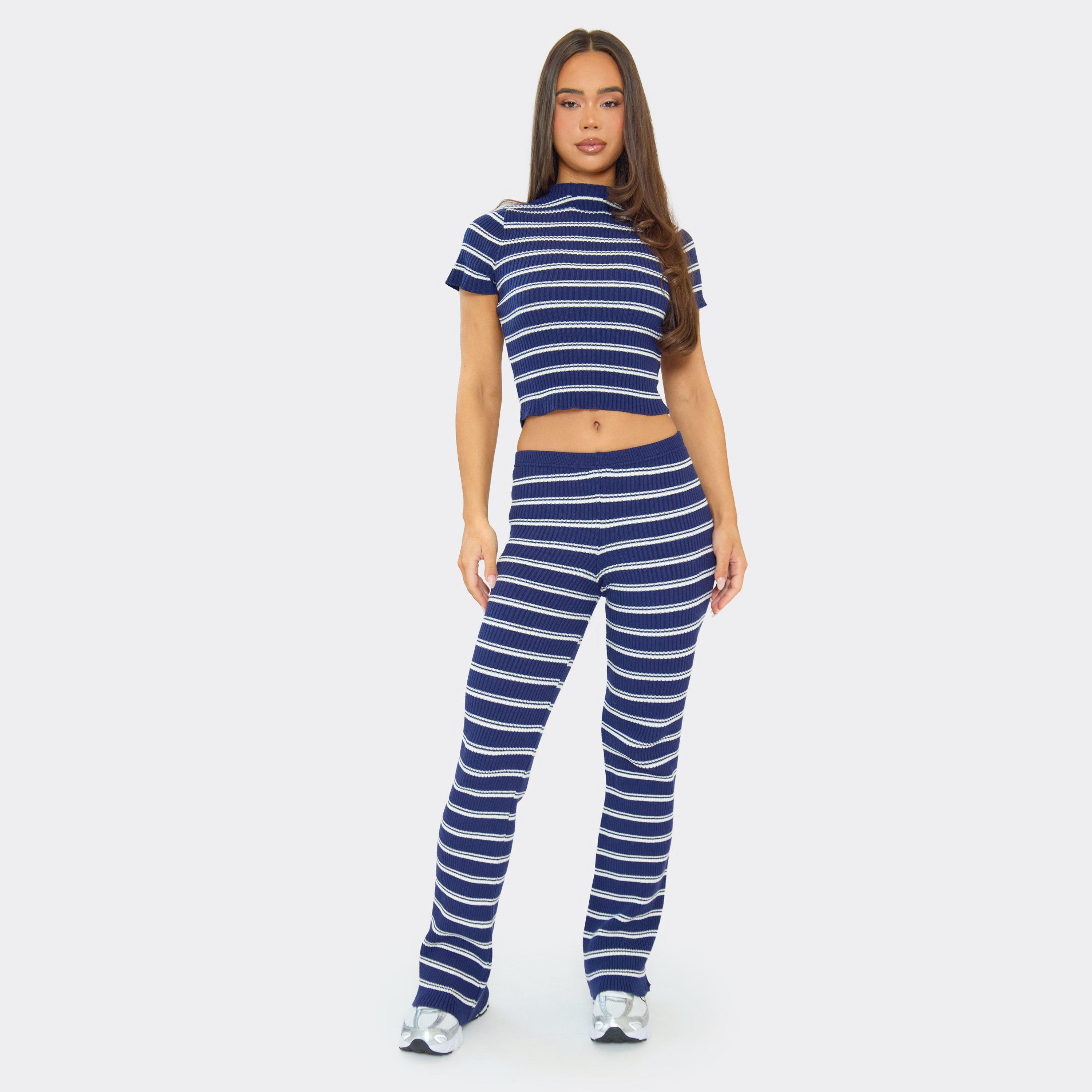 Low Rise Flared Trousers In Blue Stripe Rib Knit, Women's Size UK S