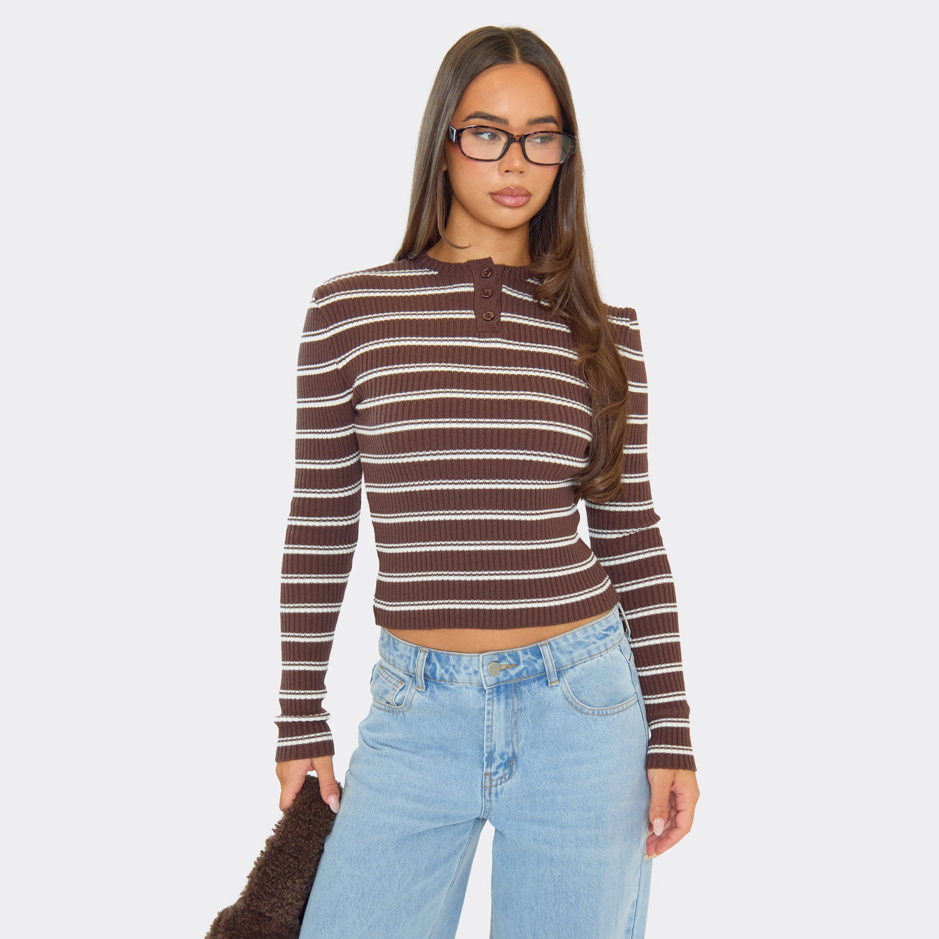 Long Sleeve Button Detail Fitted Top In Brown Stripe Rib Knit, Women's Size UK L